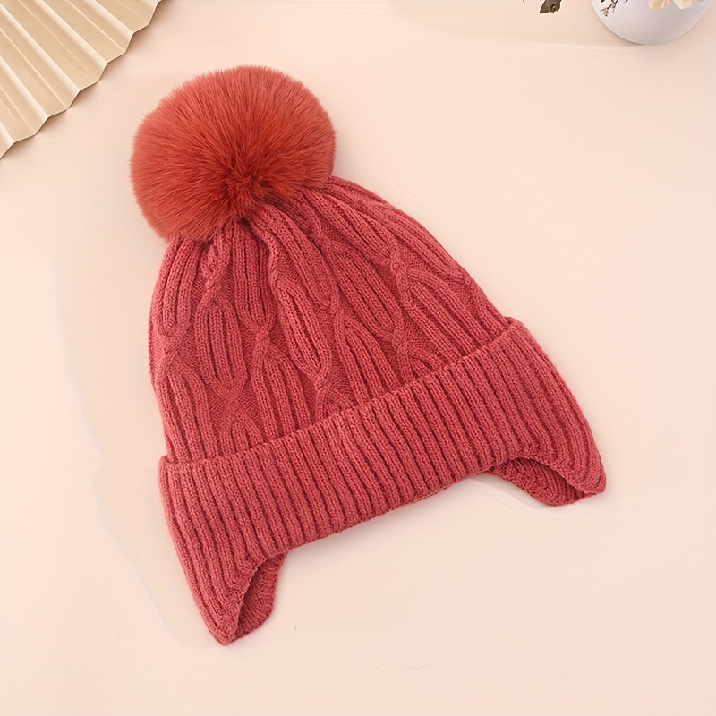 Solid Twisted Beanie Hat with Pom Poms, Fashionable Chunky Soft Warm Cable Knit Hat,Temu