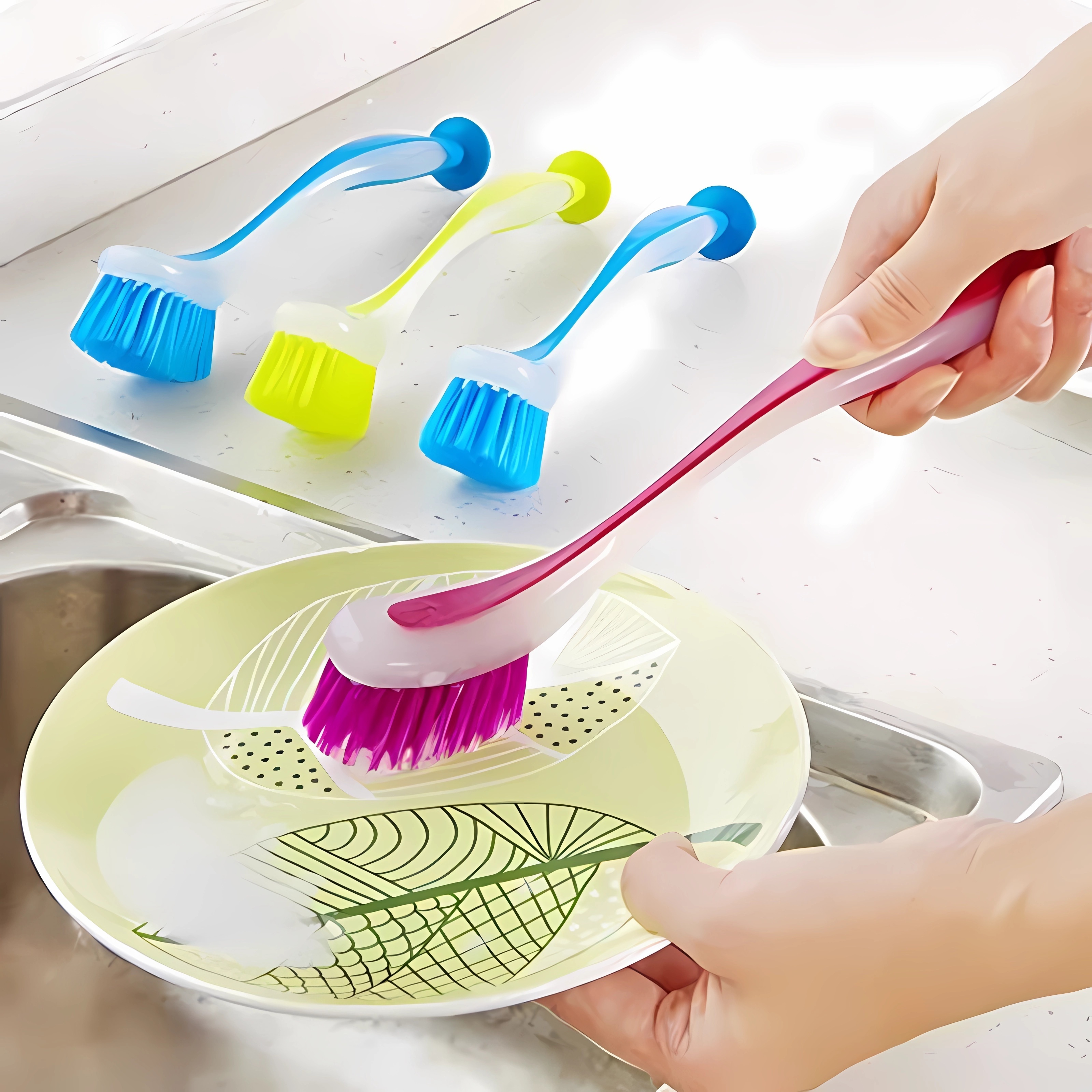 2 Pcs Kitchen Scrub Brush Suction Cup Sink Dish Washing Vegetable