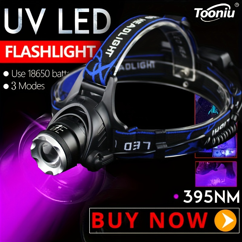 

Rechargeable T6 Headlight With Zoom, 5w 395nm Uv, 4 Modes, And 2x 18650 Batteries - Perfect For Camping And Hunting