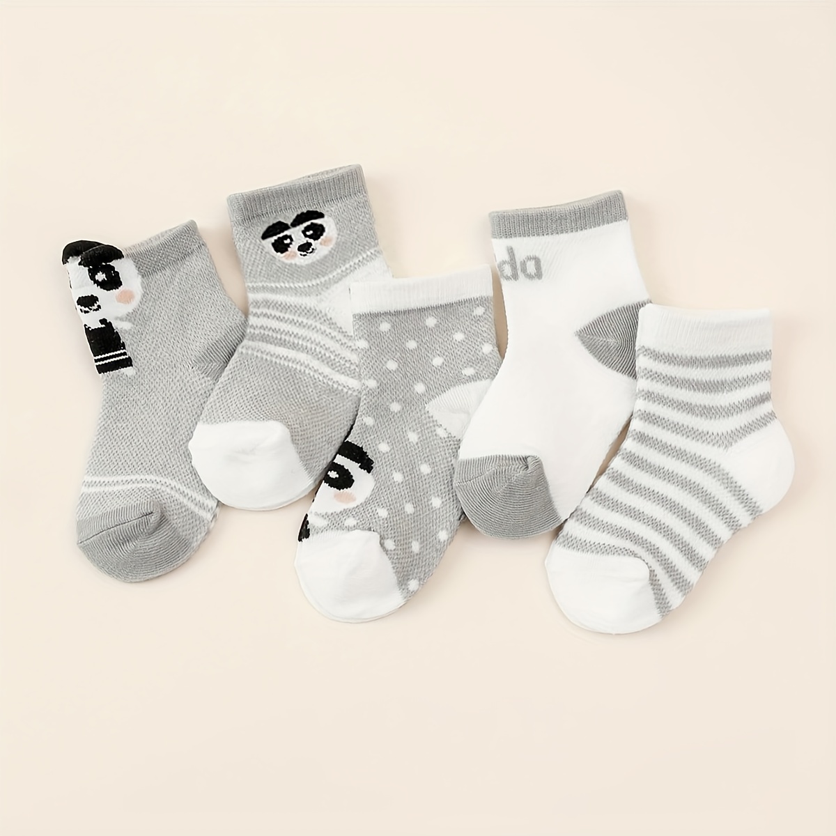 

5pairs Baby Boys Socks Cartoon Panda Animal Cute Grey Mesh Cotton Breathable Crew Socks For Kids Children Toddler