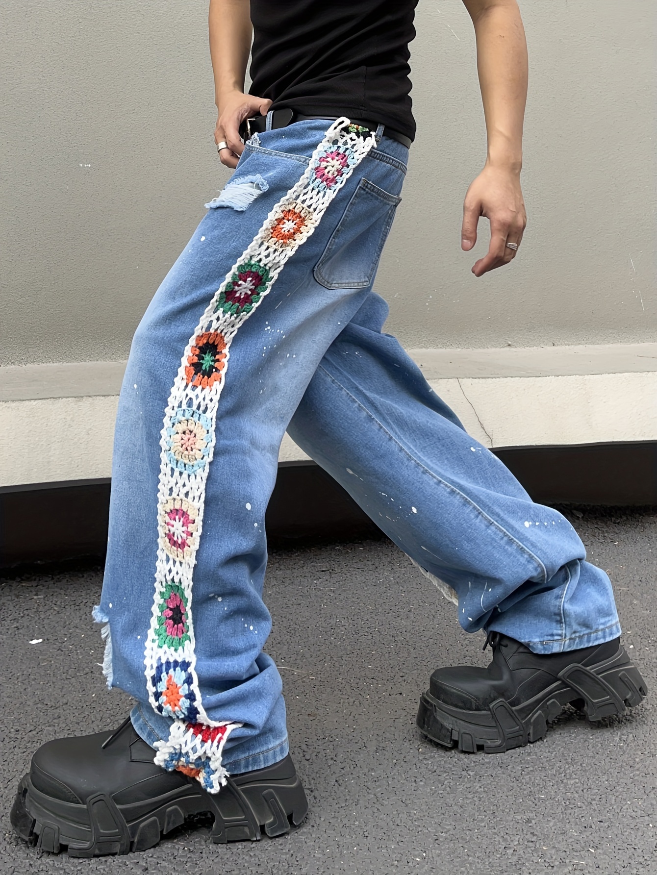 Letter Print Baggy Jeans Men's Casual Street Style Loose Fit