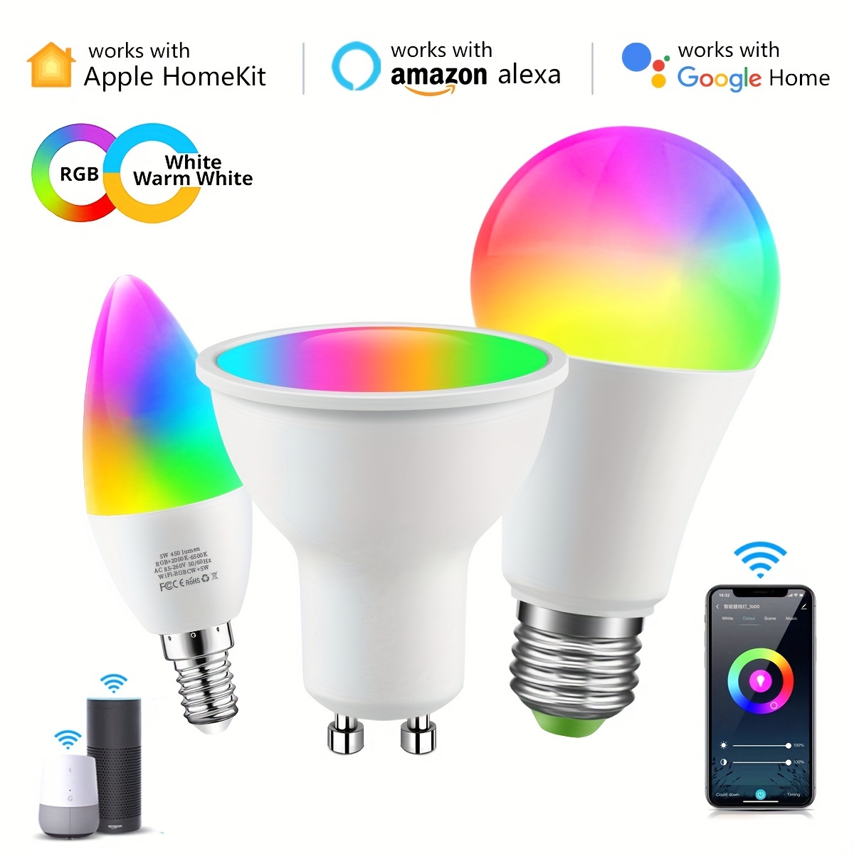 HomeKit-Ampoule LED intelligente E14 WiFi RGB + CW, lampe à bougie