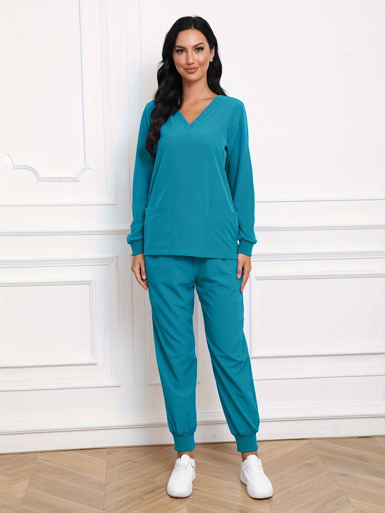 Katı Ovma İki parçalı Set, Rahat Uzun Kollu V Yaka Üst ve Pantolon Kıyafetleri Tıbbi ve Sağlık Hizmetleri, Kadın İş Kıyafetleri