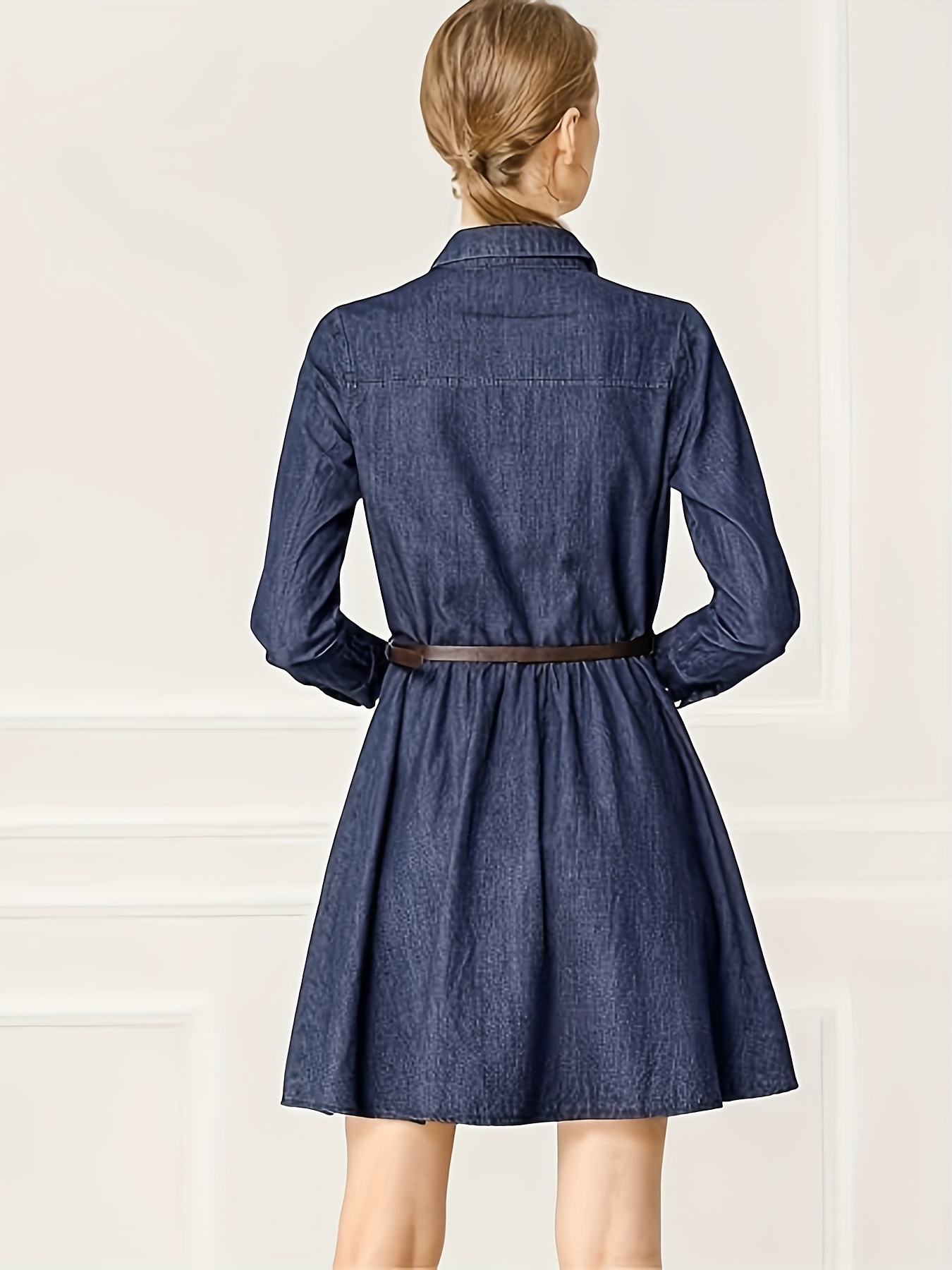 womens denim dress button belted pleated flare a line shirt - Temu Georgia