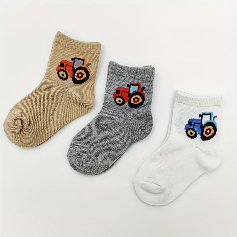 6 Pairs/3 Pairs Boys' Youngsters Cartoon Tractor Pattern Cute Socks, Breathable Comfort Crew Socks, 1-6 Years Fashion Socks