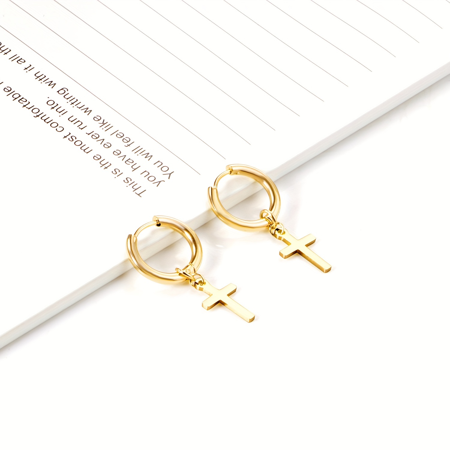 Golden Glossy Cross Decor Hoop Earrings, 18K Plated