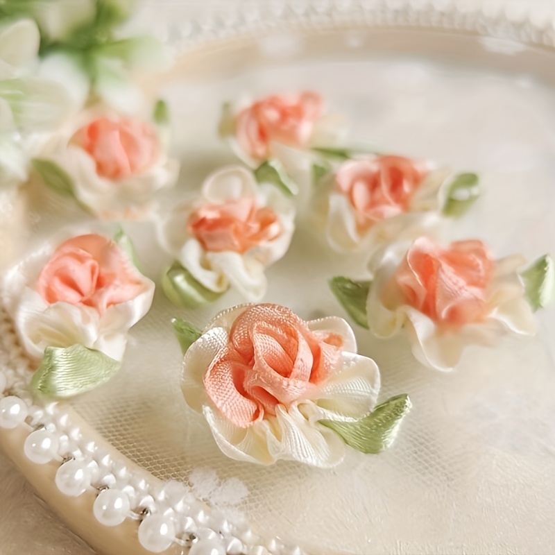 Image of 10pcs 3cm Dual-color Polyester Ribbon With Leaf And Small Flower, Hand-sewn Carnation Shoe Christmas Decoration, Clothing Accessory Ornament Diy Decorative Parts