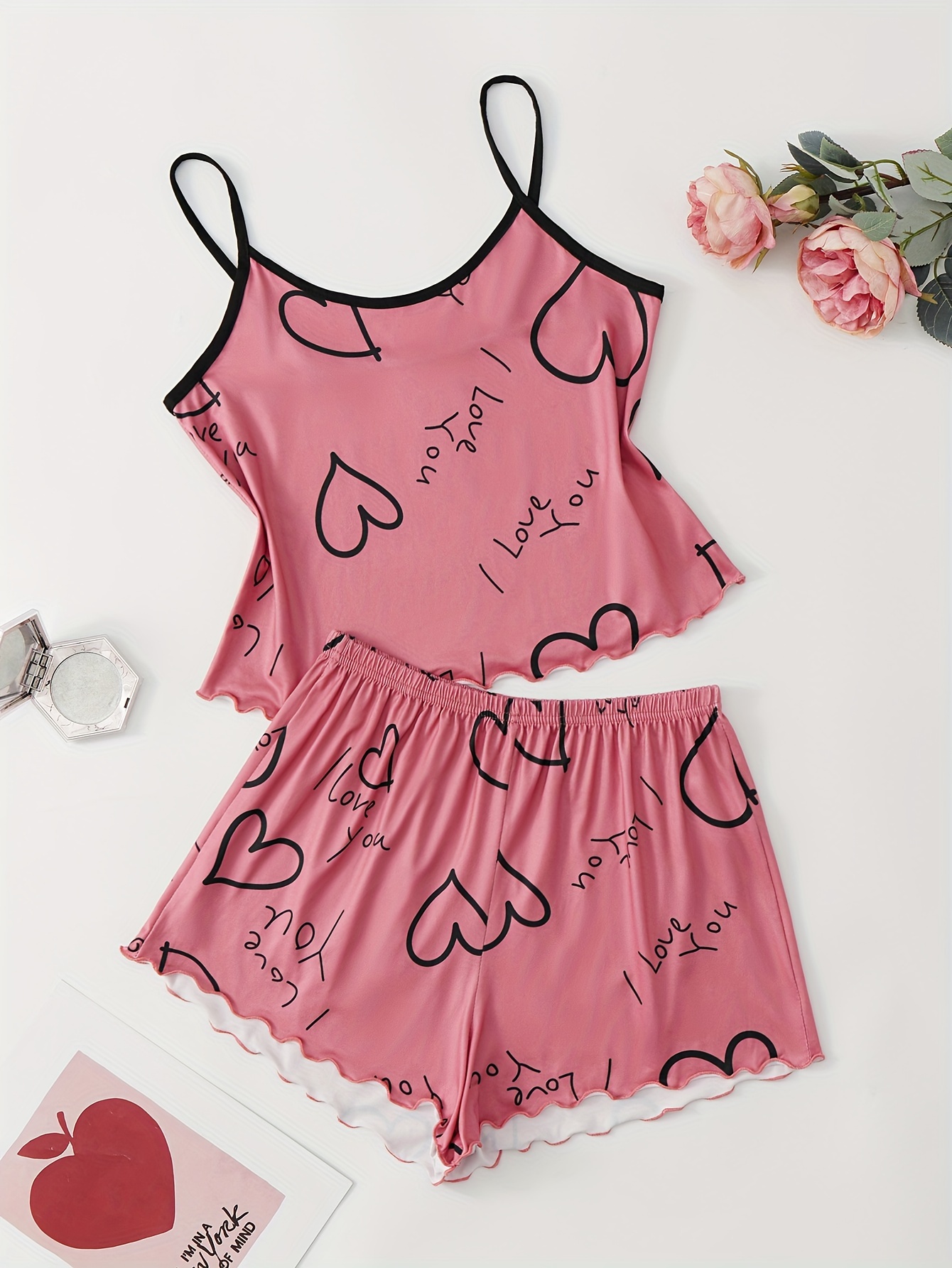 Summer Women's Sexy Heart Print Pajamas Set Suspenders - Temu