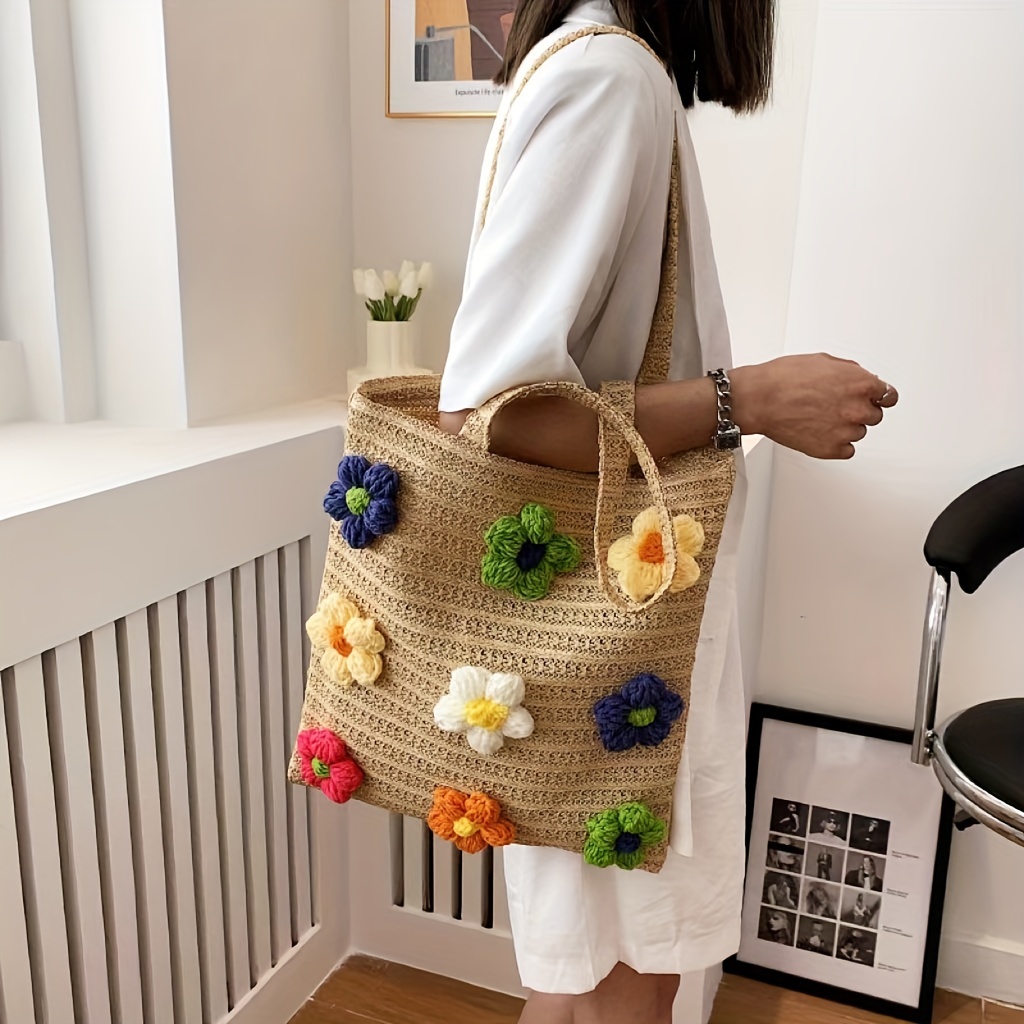 Straw Woven Tote Bag, Knitted Flower Decor Shoulder Bag, Boho Style Hollow Beach Bag