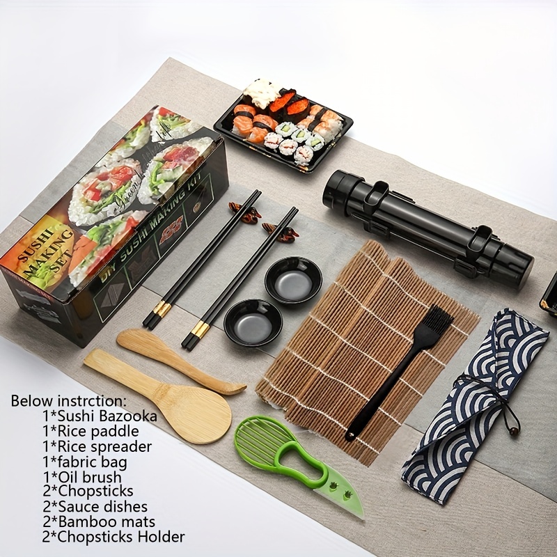 Bamboo Sushi Making Kit Carbonized Rolling Mats for Mold-Resistant,  Included 2 Rolling Mats - 5 Pairs Chopsticks - Paddle - Spreader