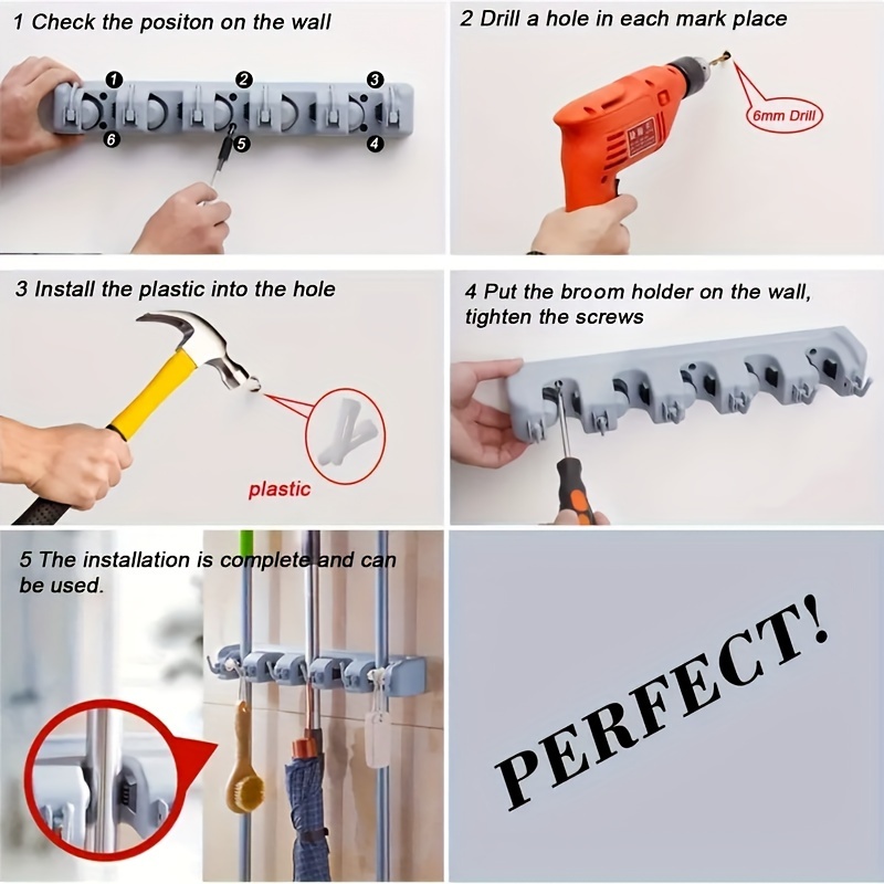 Mop Broom Holder With Hooks, Multi-functional Household Wall