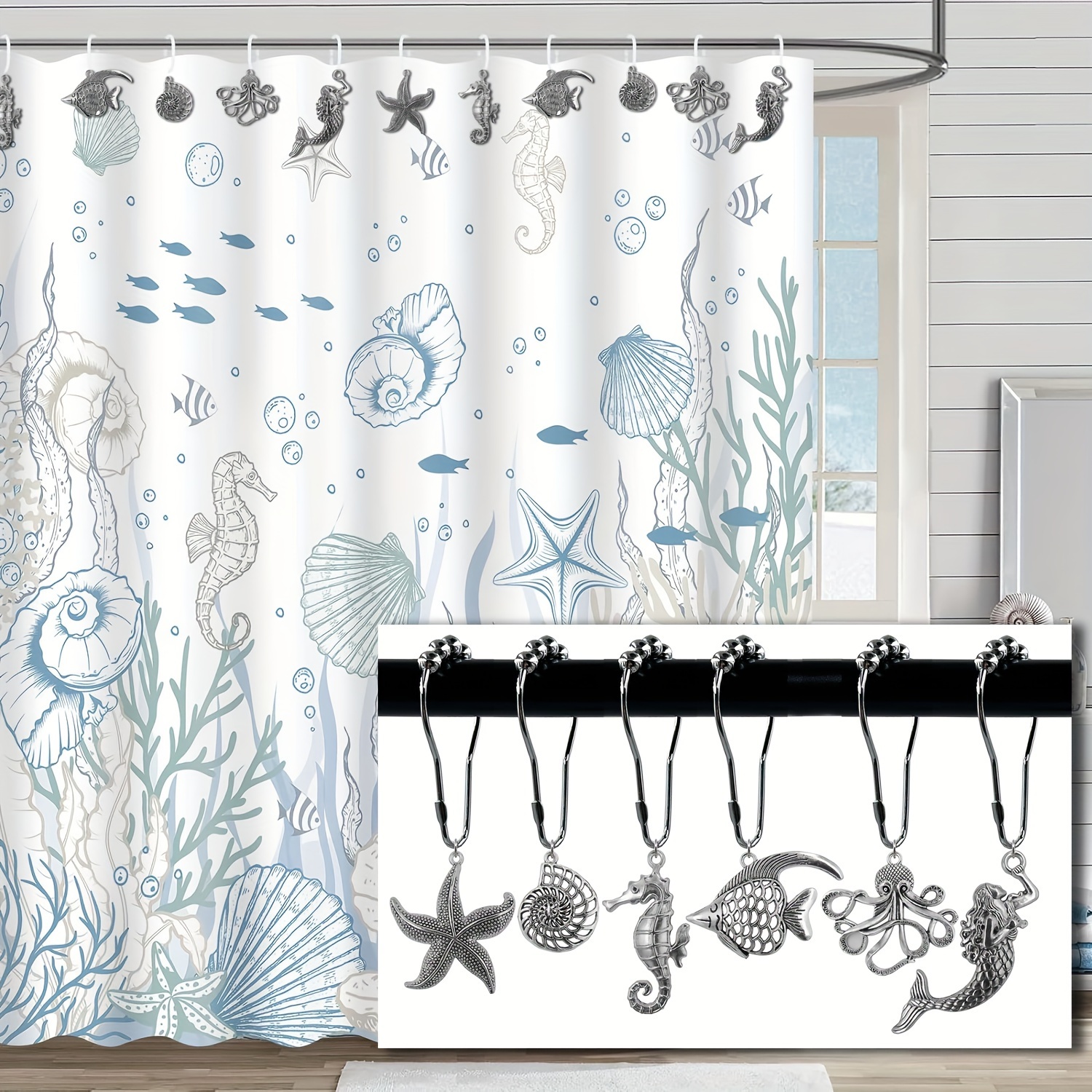 12pcs Creative Ocean Theme Shower Curtain Hook, Waterproof Rust-proof  Shower Curtain Hook, Seahorse Mermaid Starfish Octopus Conch Sea Fish  Decorative