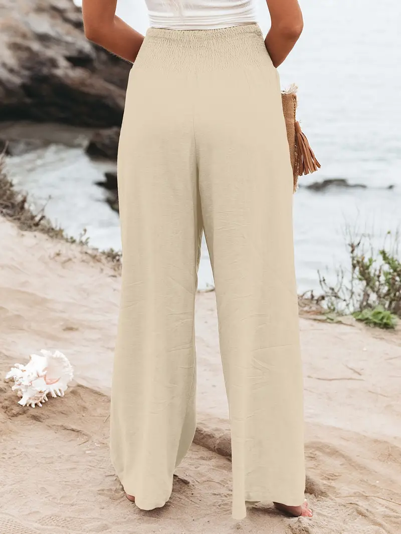 Cameland Womens Pants Elastic High Waist Wide Leg Casual Loose Beach Pants