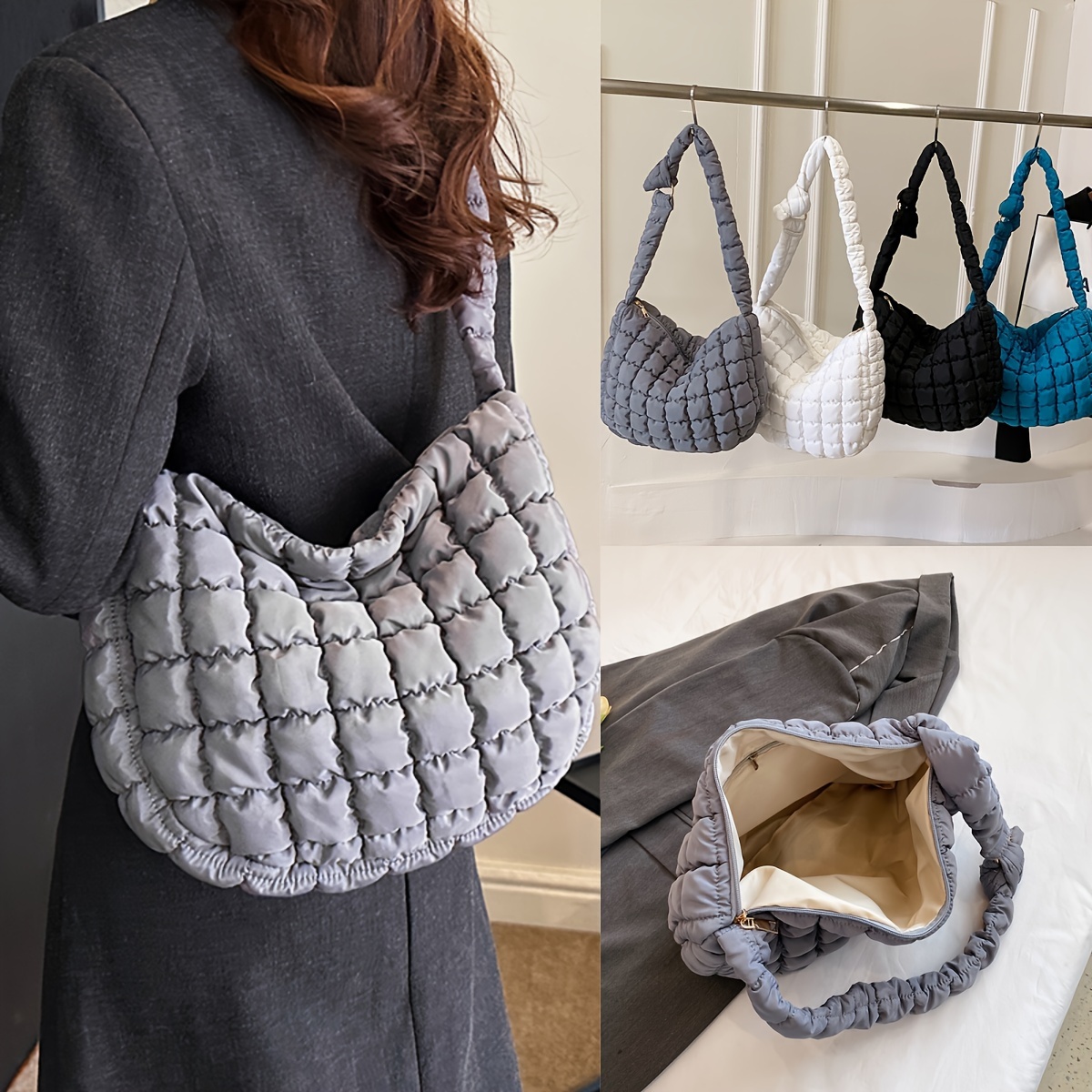 Puffer Quilted Crossbody Bag, Cloud Ruched Shoulder Bag, Trendy Padded  Nylon Hobo Bag