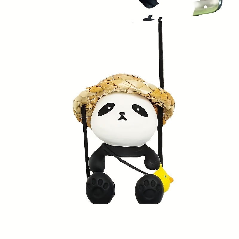 Cute Little Panda Car Interior Pendant Car Swing Straw Hat Panda Rearview Mirror Hanging 8439