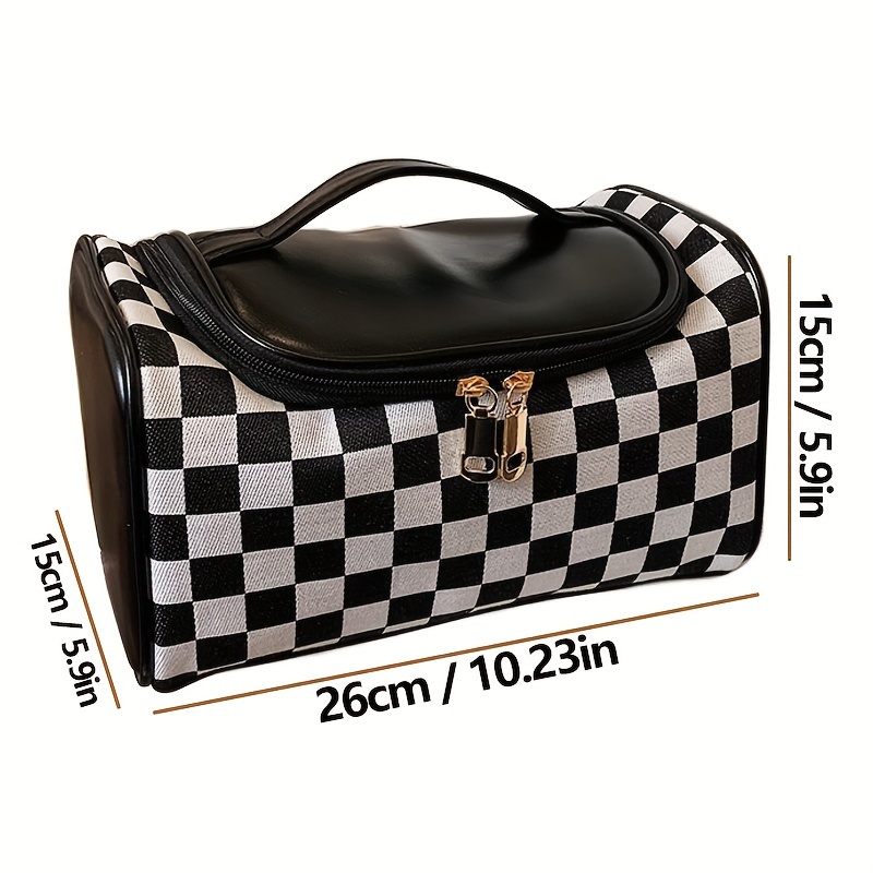 Checkered Pattern Make Up Bag Zipper Top Handle, Cosmetic Bag, Organizer Bag  For Travel