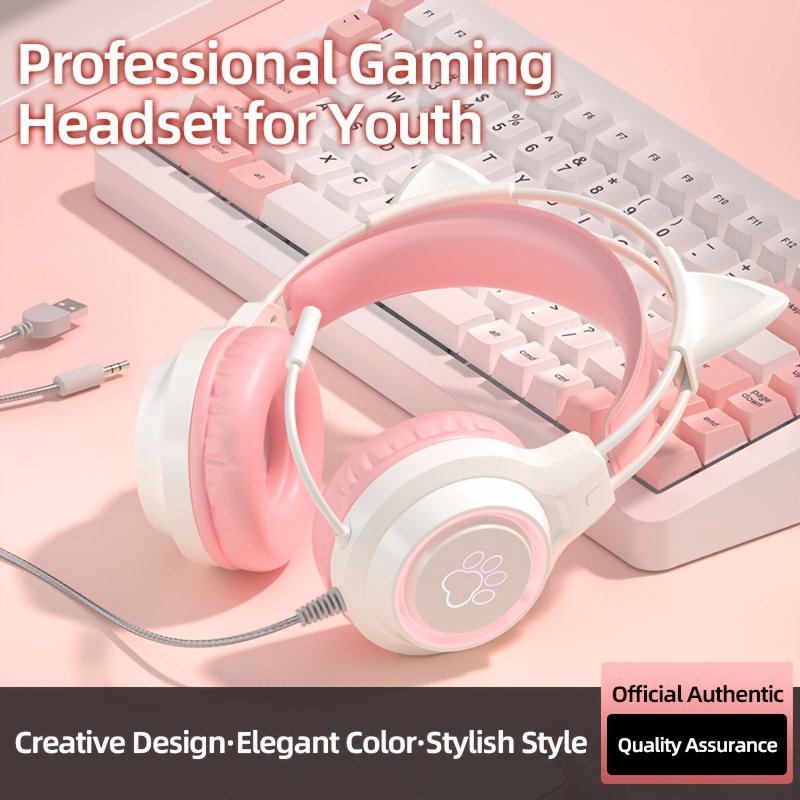 Audifonos gamers de gato estéreo HiFi, Auriculares gaming con orejas para  jugador, cascos gaming con micrófono para PS4 PC, RGB, negro y rosa, para