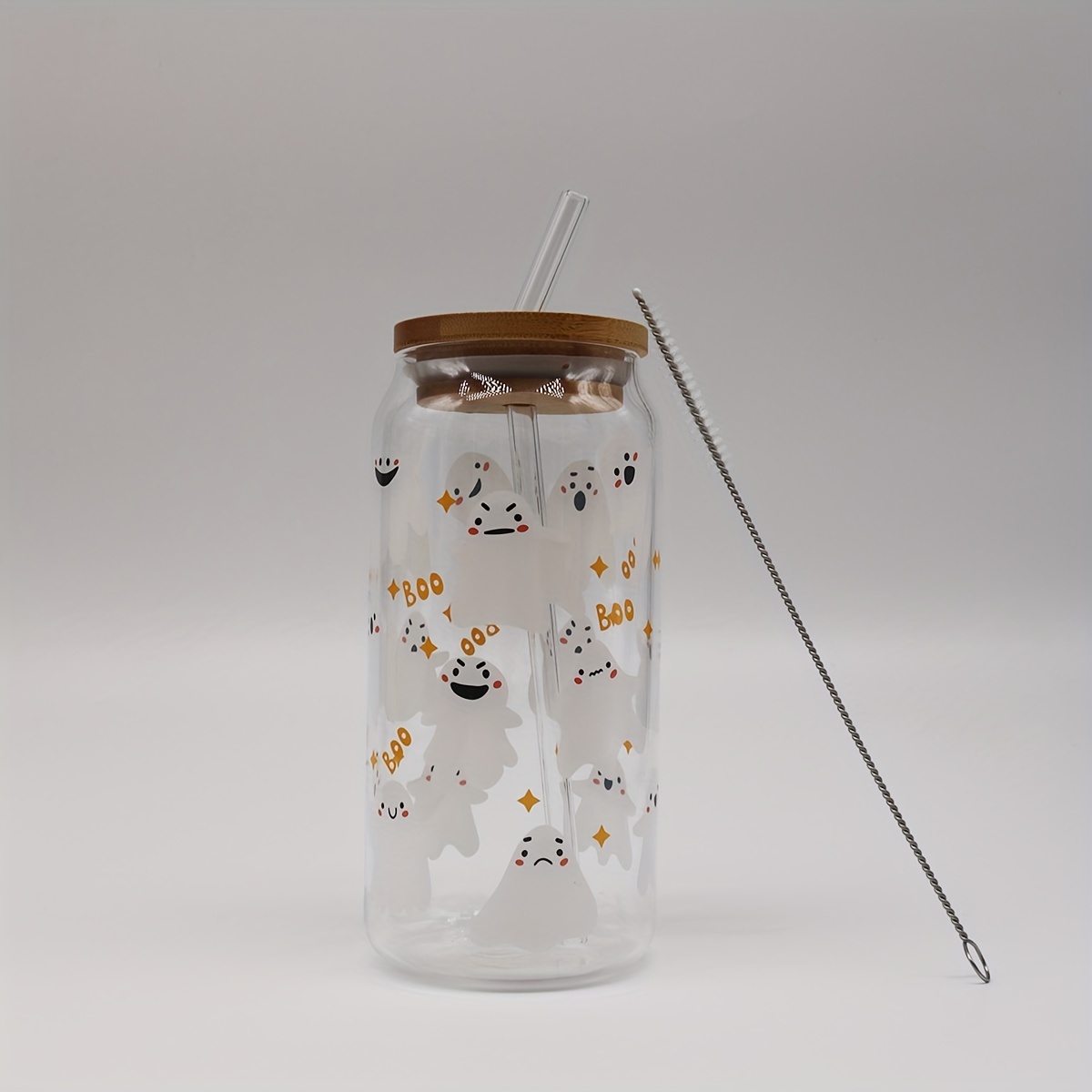Ice Coffee Cup With Bamboo Lids And Glass Straw Ghost - Temu