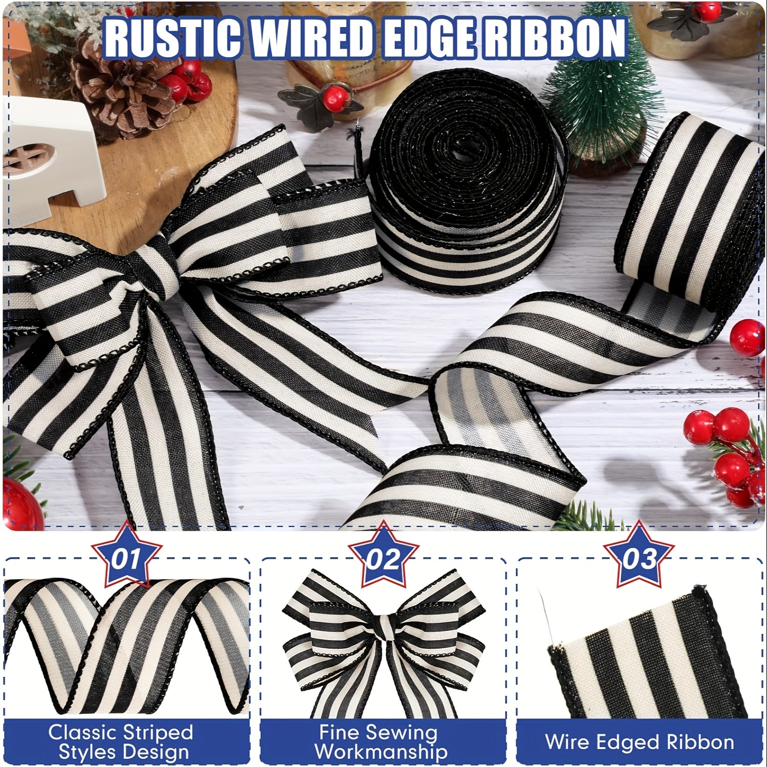 Christmas Black And Cream White Stripes Wired Edge Ribbon - Temu