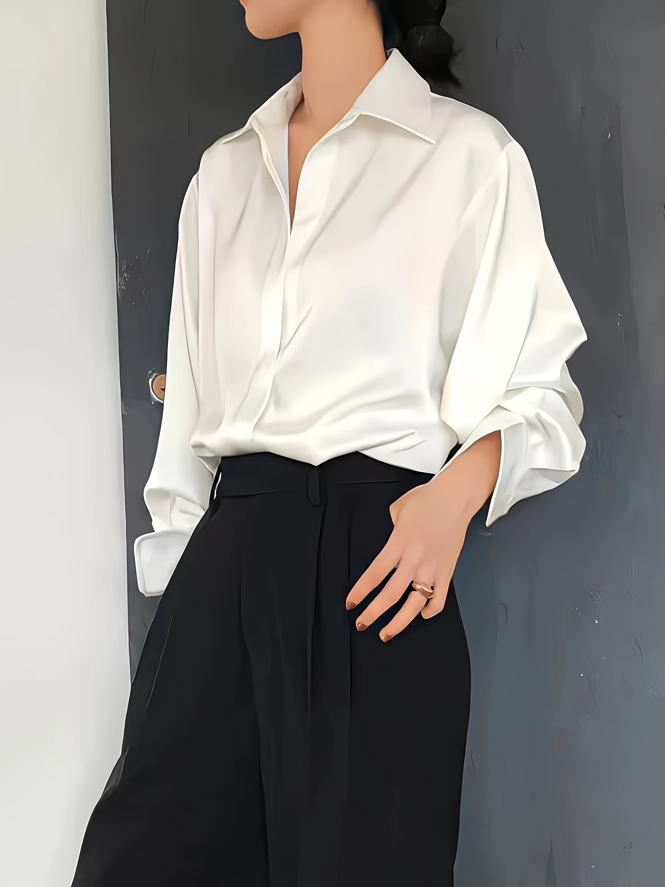 Elegant Long Sleeve Button-Up Blouse for Women - Chic Acetate Top with Lapel Collar, Solid Color, Perfect for Office or Casual Wear, All-Season Comfort, Stylish Blouse | Classic Long Sleeve | Smooth Texture