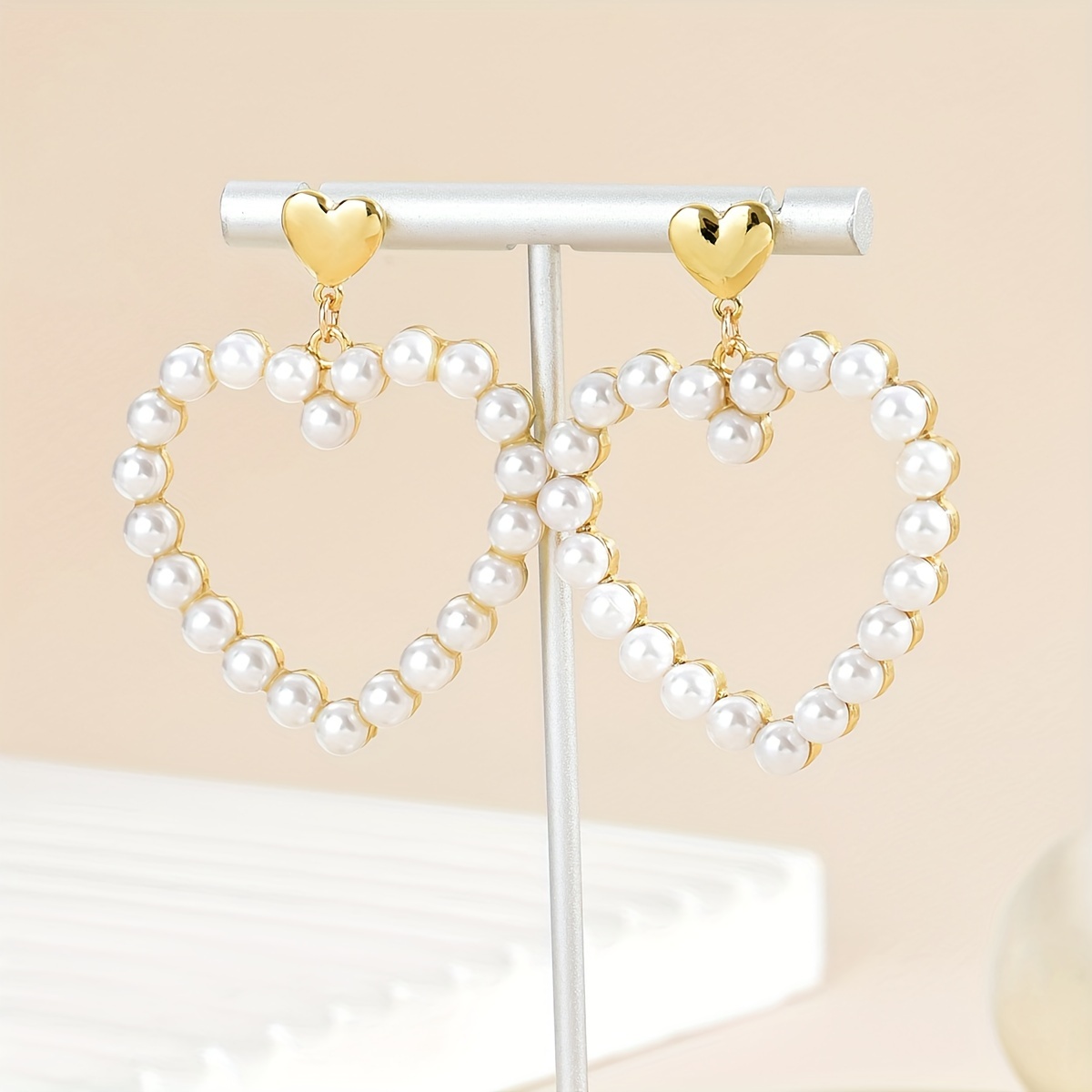 

Hollow Heart Shape Full Faux Pearl Inlaid Dangle Earrings Elegant Cute Style Plated Jewelry Valentine's Day Gift For Lovers