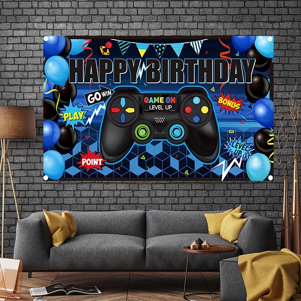Video Game Happy Birthday Backdrop, Game On Birthday Party Backdrop Banner,  Level Up Gaming Theme Party Background, Photo Props, Video Game Party Wall Decorations  Supplies (blue), Party Decorations Supplies, Party Bunner 