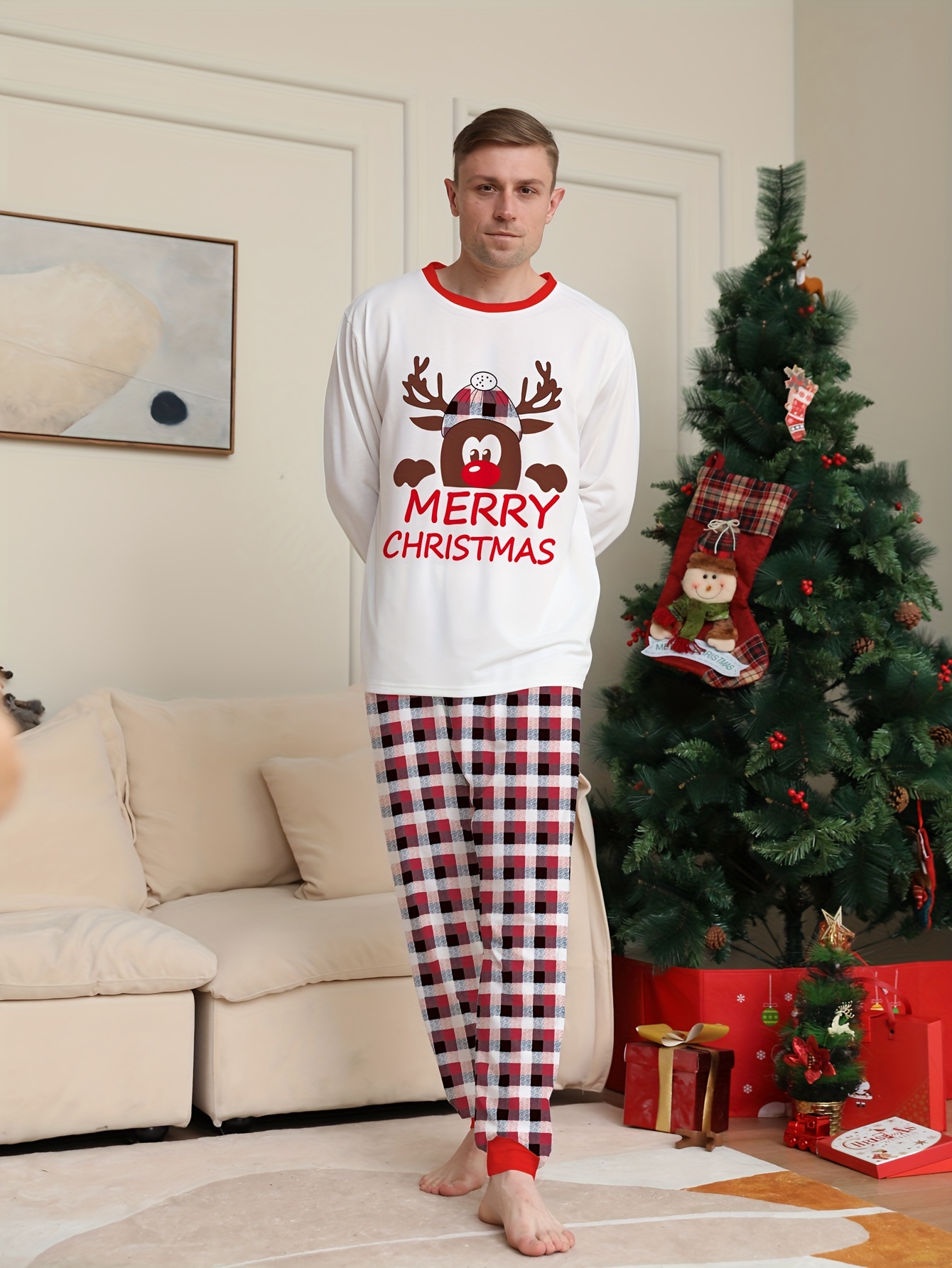 Men's Casual Comfy Home Pajamas Set Merry Christmas Letter - Temu
