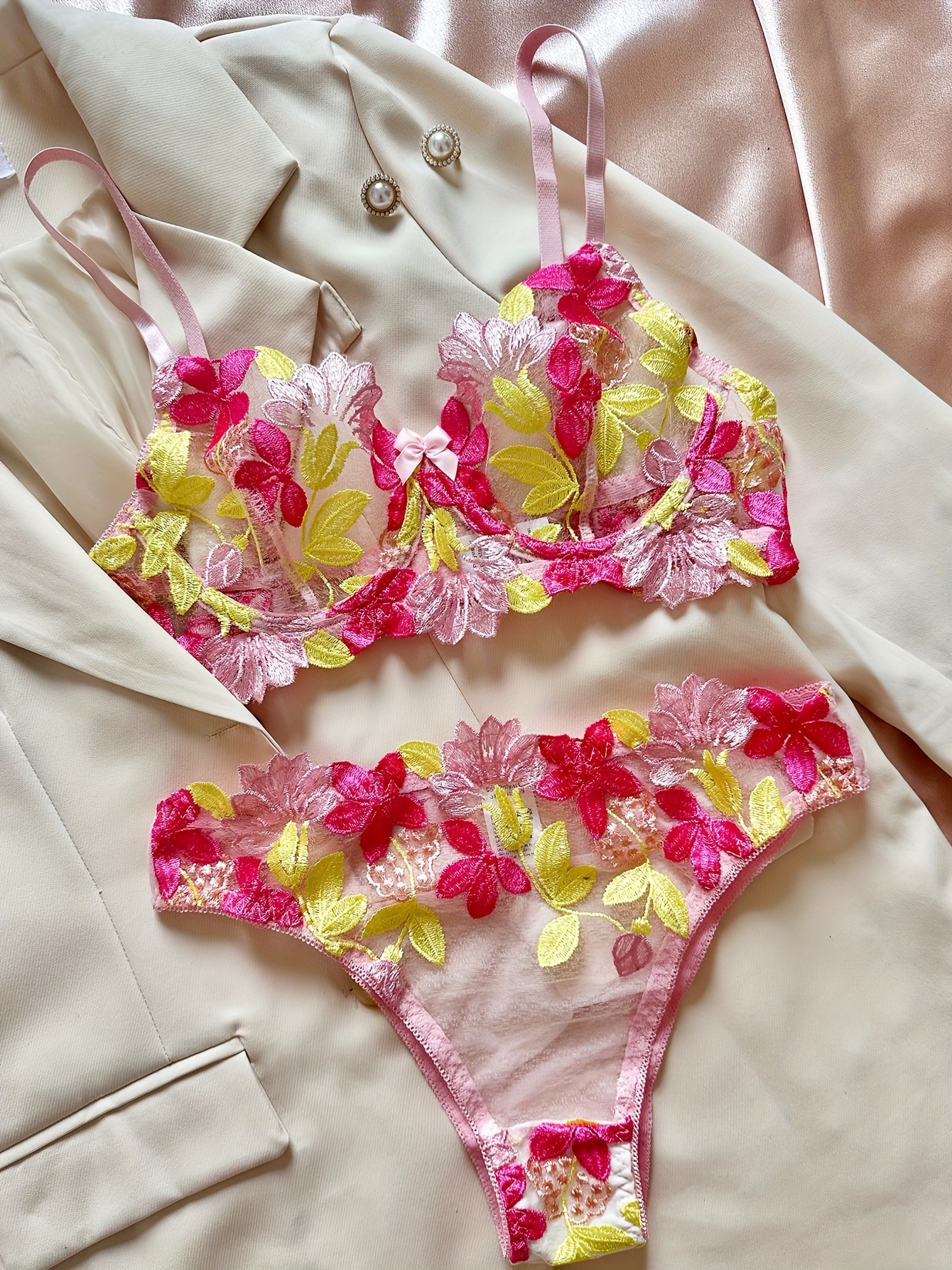 Floral Embroidery Lingerie Set Bow Tie Push Bra Mesh Panties