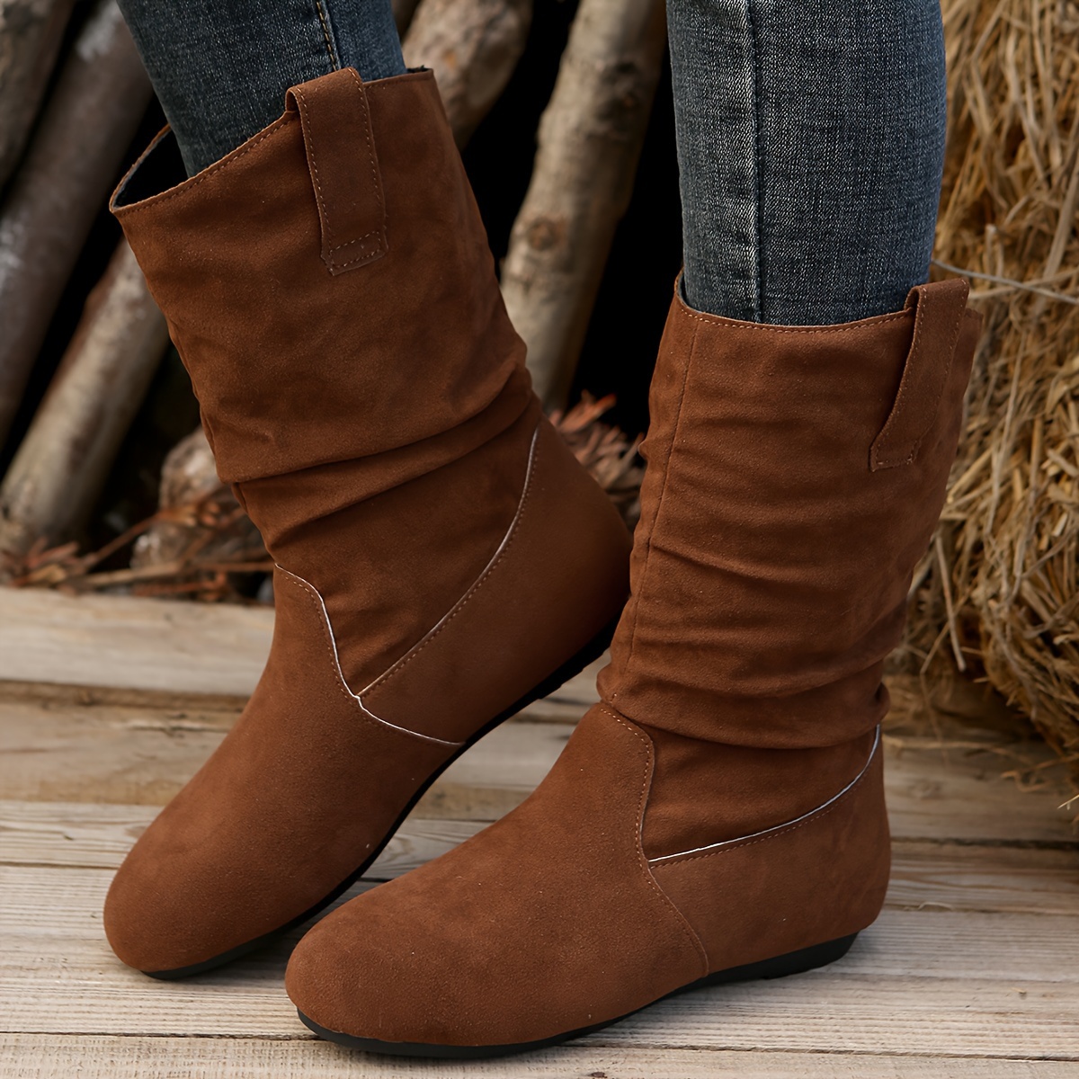 Brown suede shop mid calf boots