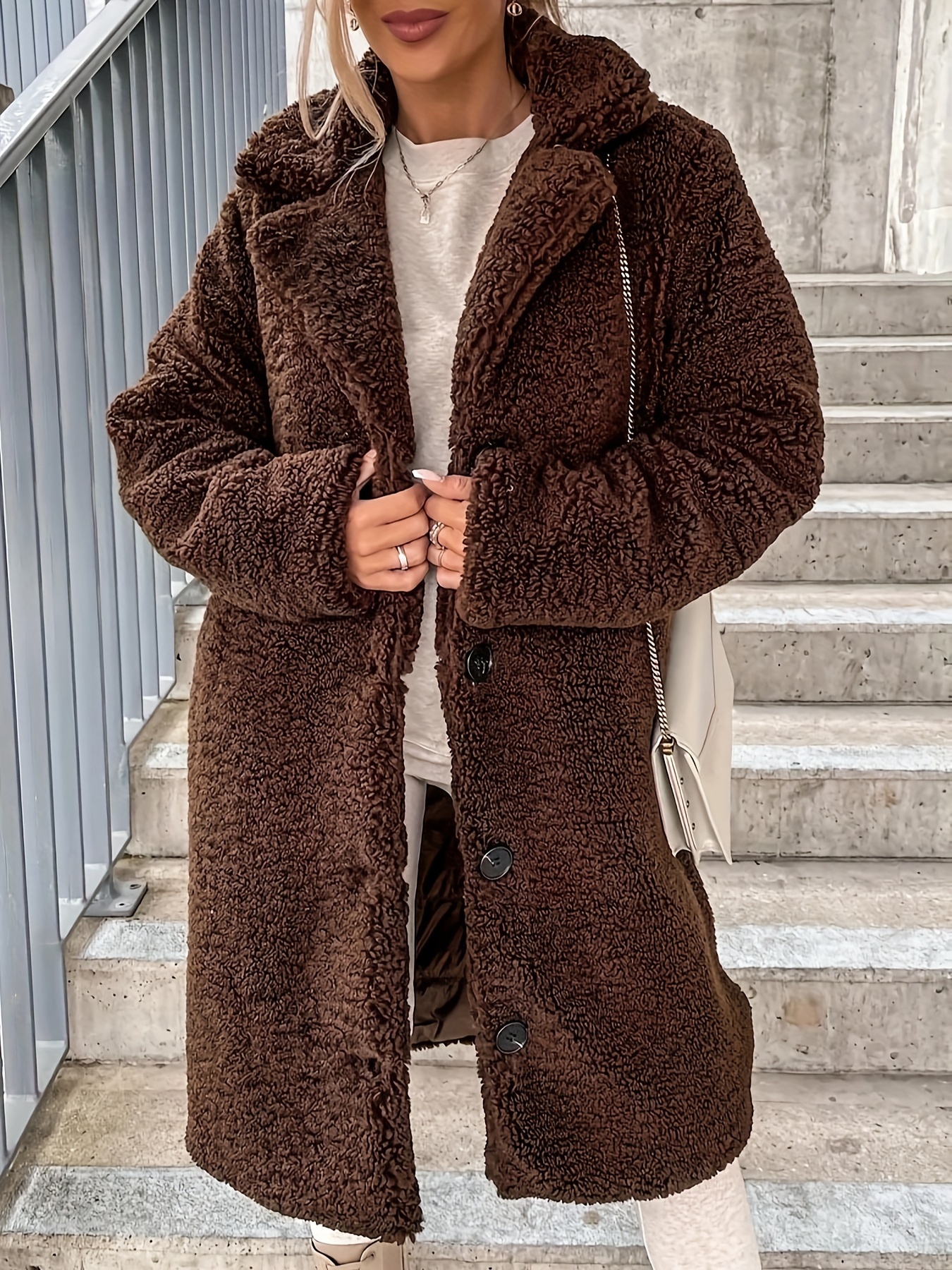 Повседневное пальто больших размеров, женское длинное однотонное флисовое пальто с длинным рукавом на пуговицах и воротником с лацканами
