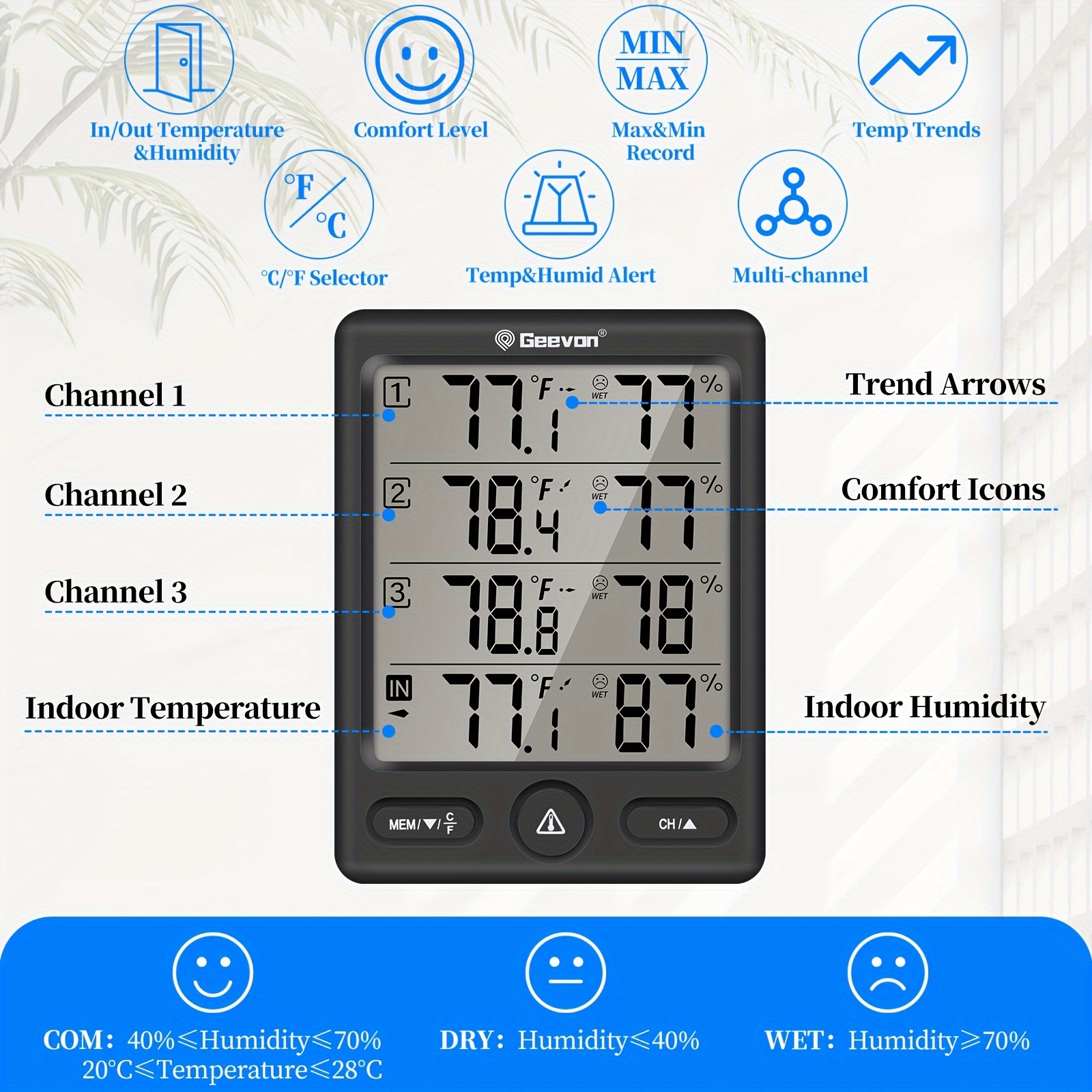 Geevon Indoor Outdoor Thermometer Backlight Digital Wireless Thermometer  Temperature With Lcd Receive Signals From 3 Transmitters Outdoor  Thermometers For Patio Garden Cellar Home Room - Temu