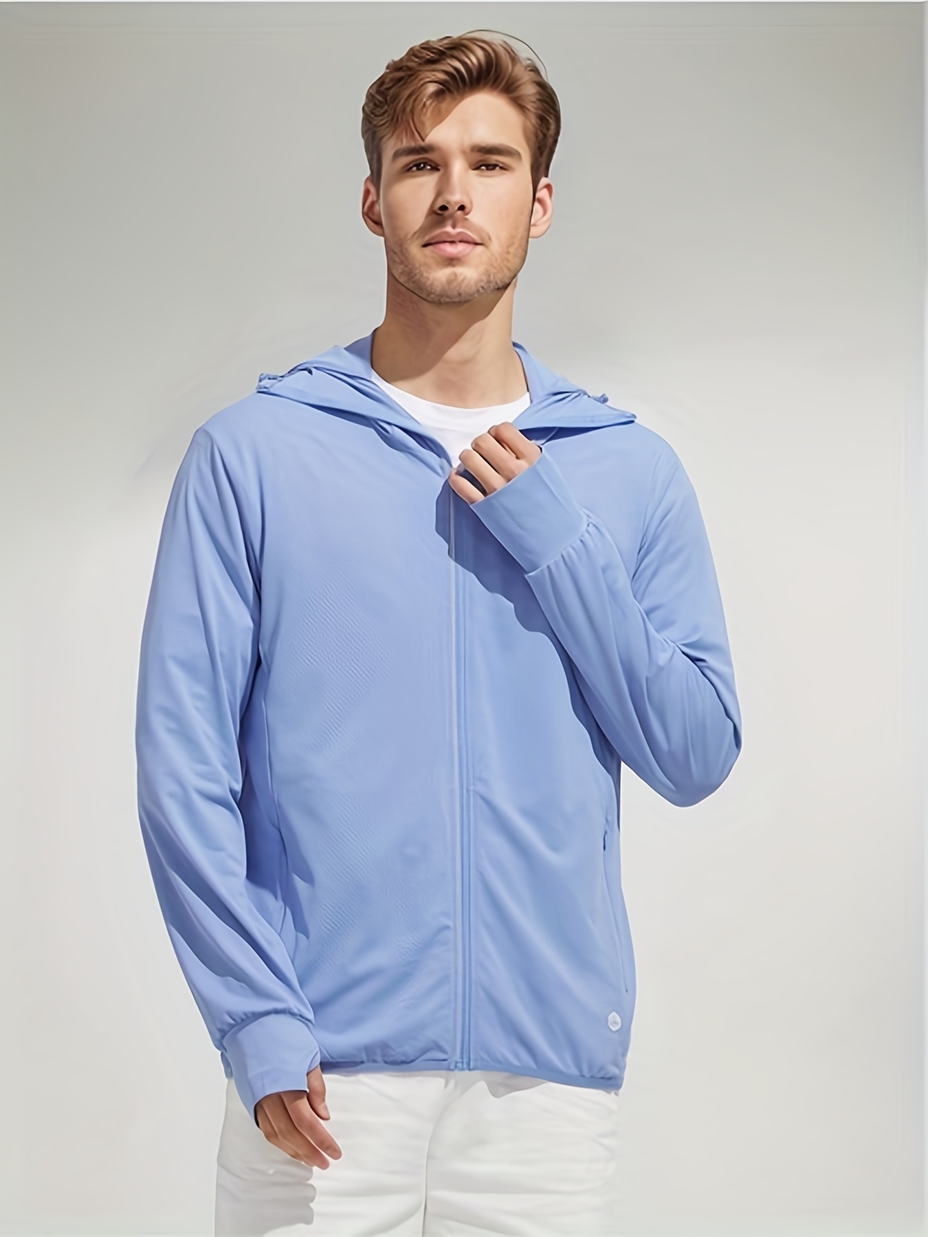 OFFSUM Summer Sun Protection Jacket - Men Outdoor Jacket Waterproof Hooded  Windbreaker Coat Summer Casual Sun Protection With Zipper Pocket  Outerwear,Blue,L at  Men's Clothing store