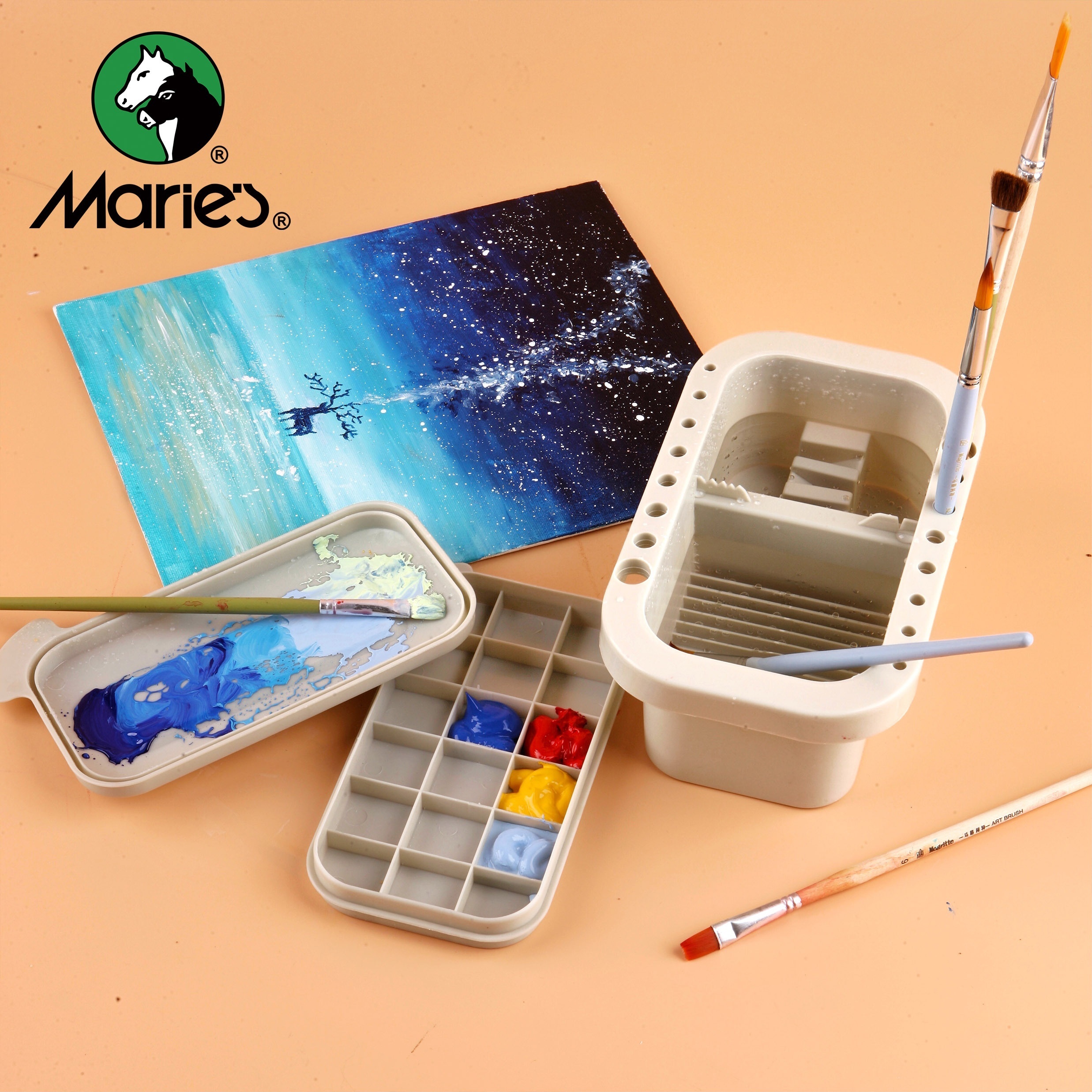 Multi-Use Paint Brush Basin with Brushes Holder,Washer,Trays,Palette  Box-Artist Cleaner Cup for Watercolor Oil Acrylic Gouache Painting with Lid  