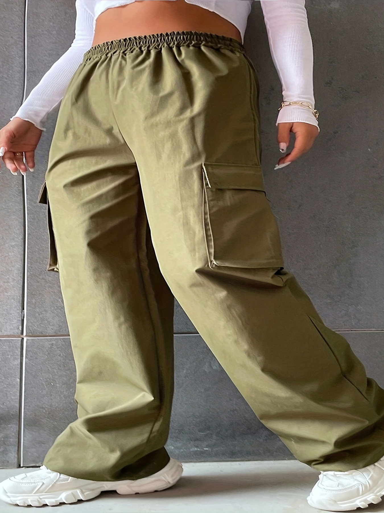 Plus Size Khaki Green Cargo Pocket Jeans