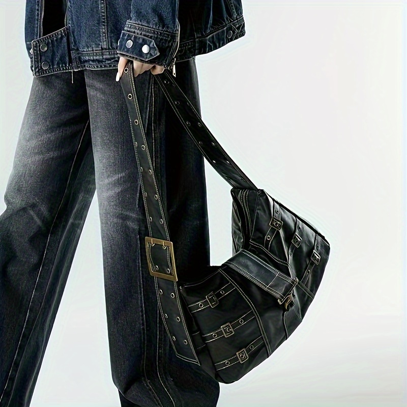 ヴィンテージパンクスタイルクロスボディバッグ、レトロゴシックショルダーバッグ、レディース Y2K グランジハンドバッグ & 財布