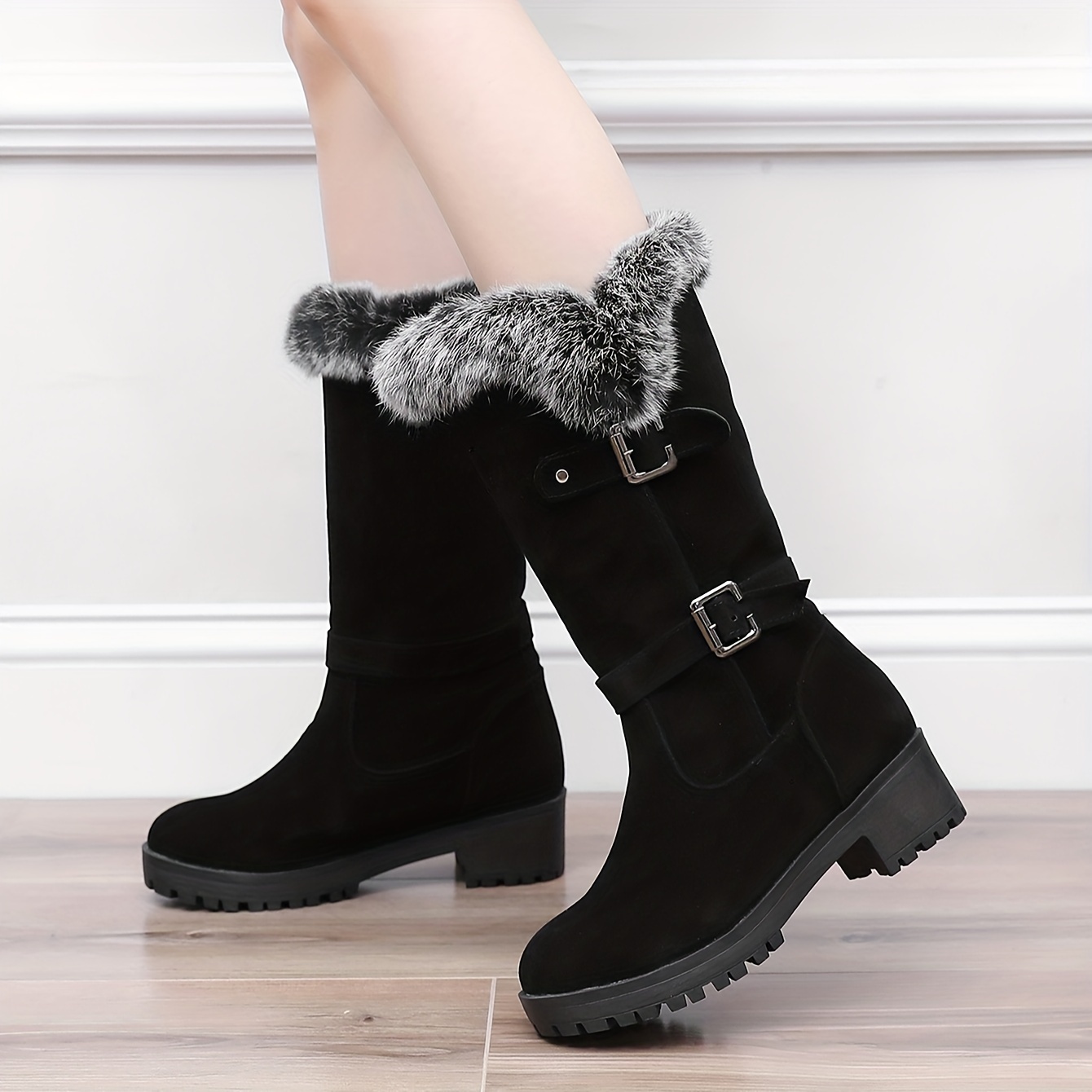 

Women's Faux Fur Lined Snow Boots, Buckle Strap Chunky Low Heeled Mid Calf Boots, Winter Thermal Anti-slip Shoes