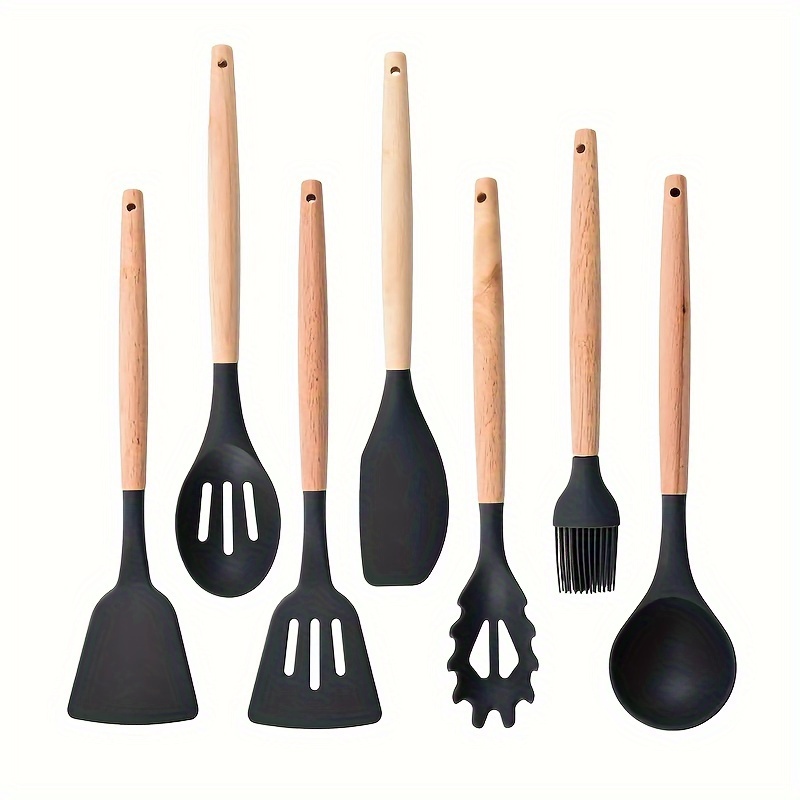 Silicone Cooking Utensils Kitchen Utensil Set, 21 PCS Wooden Handle Nontoxic  BPA Free Silicone Spoon Spatula Turner Tongs Kitchen Gadgets Utensil Set  for Nonstick Cookware with Holder