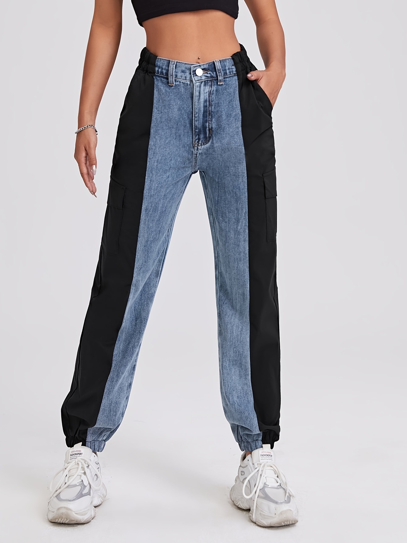 Jeans Rectos Cintura Alta Bloques Color Pantalones Mezclilla - Temu