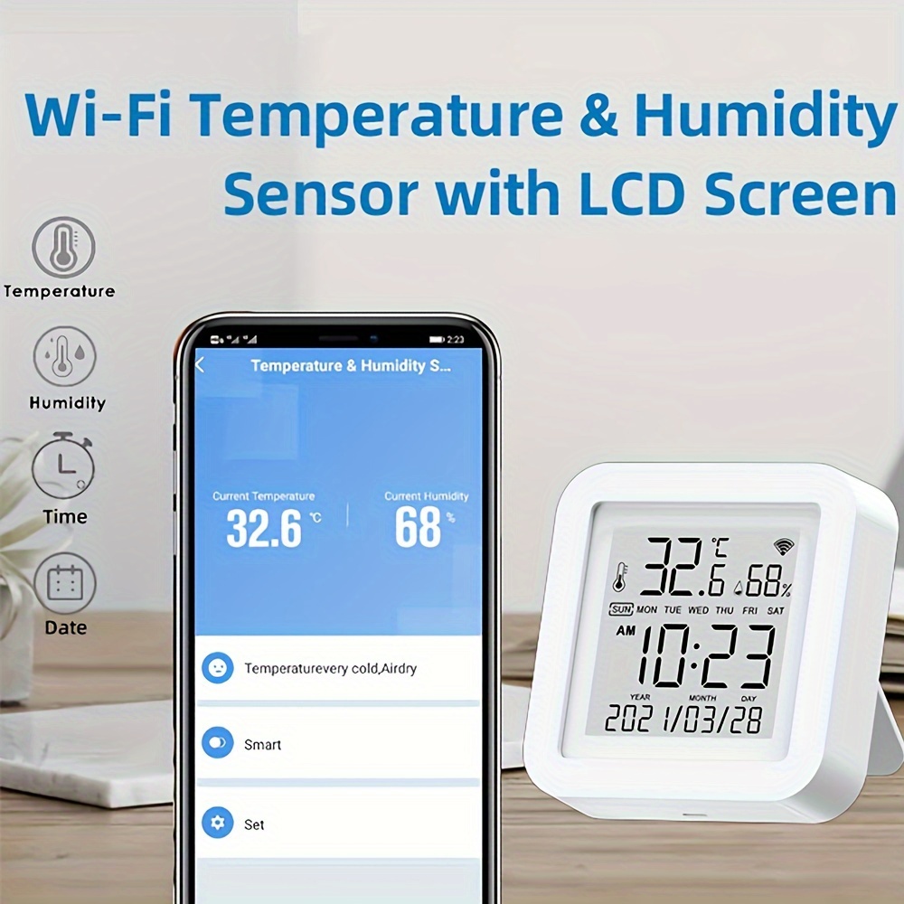 WiFi Temperature and Humidity Sensor,Tuya Smart Hygrometer Thermometer with  LCD Display,Compatible with Alexa,App Notification Alert,Temperature