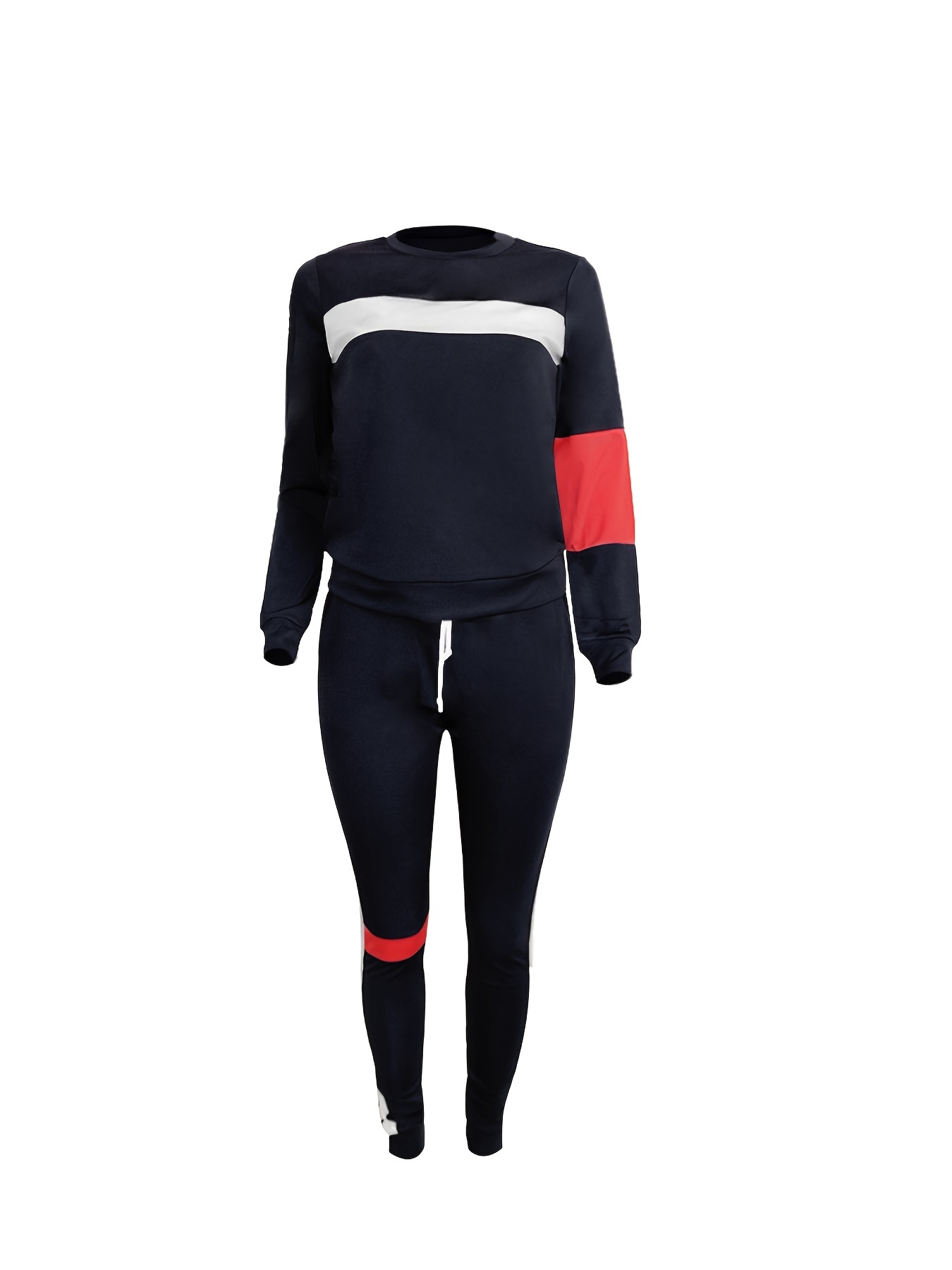 Contrast Panel Long Sleeve Sweatshirt & Sweatpants Set Plus Size