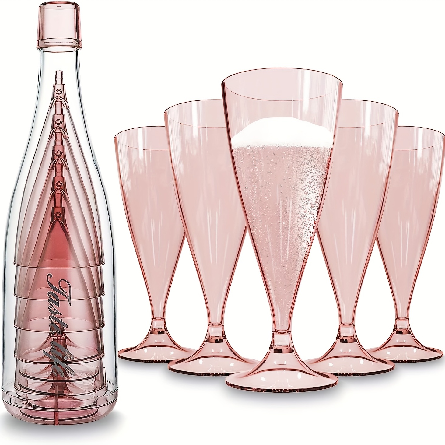 

5pcs, Pink Plastic Champagne Flutes, 6oz Plastic Champagne Glasses With Storage Bottle, Reusable & Bpa Free Stemless Champagne Flutes Plastic, Ideal For Parties, Weddings, Birthdays