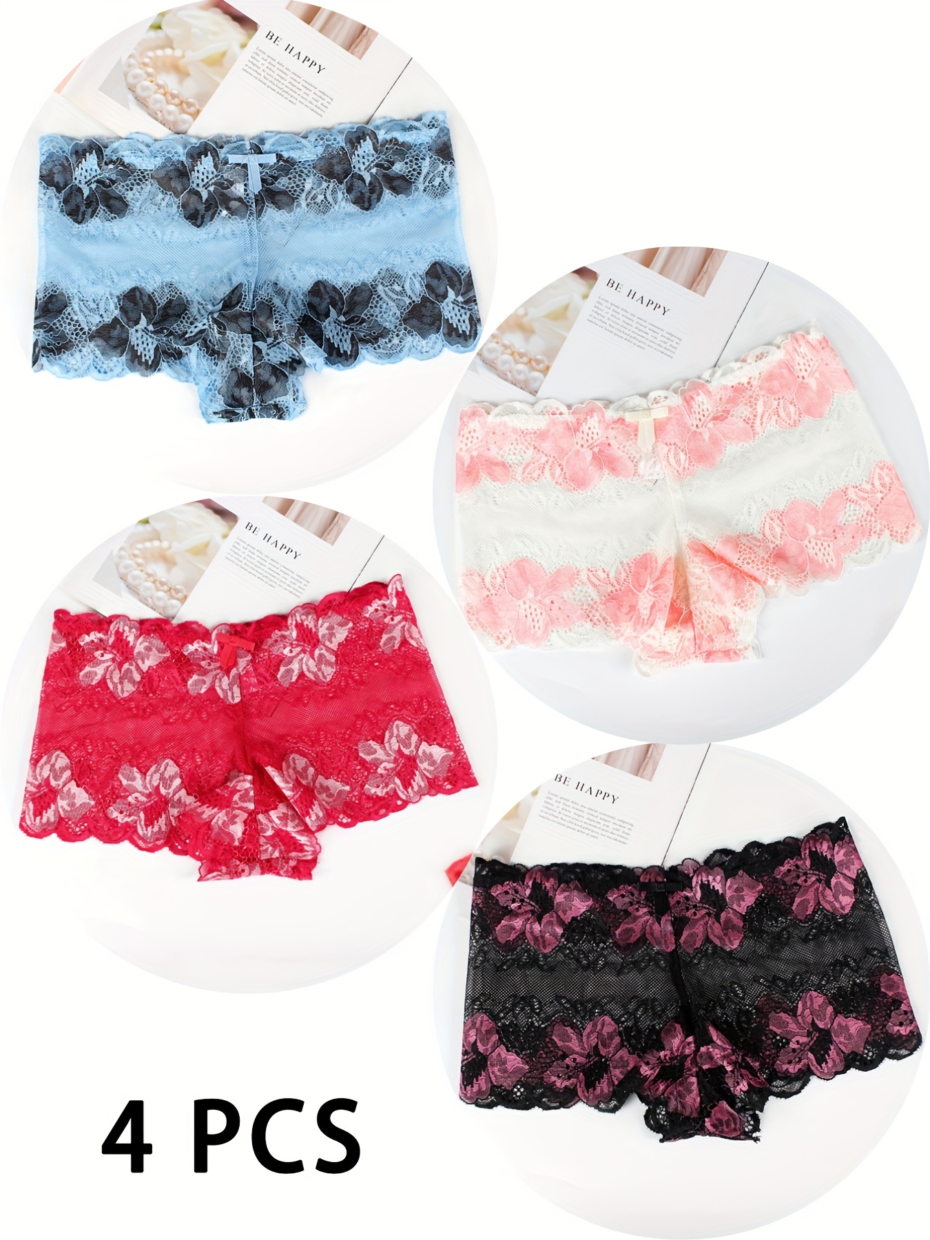 4pcs Floral Lace Boyshort Panties Women's Lingerie Underwear