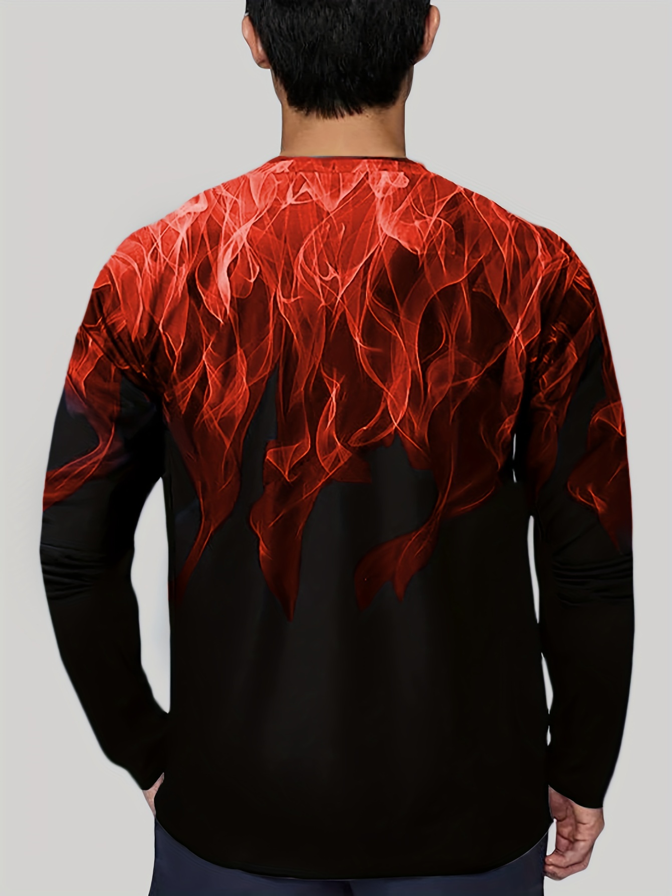 Mens Long Sleeve Shirts, 3D Fire Graphic Printed Crewneck Tee Tops