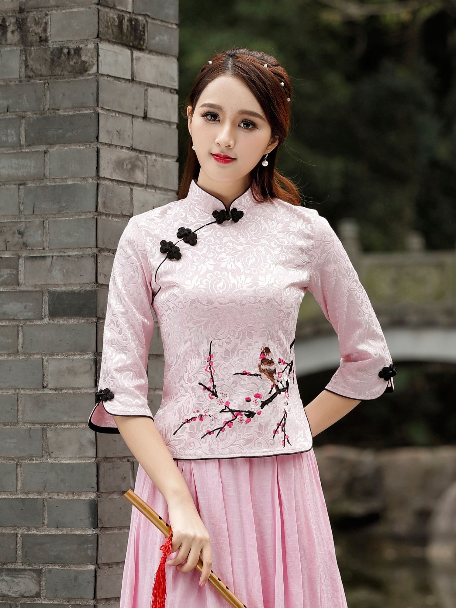 Floral Jacquard Tang Suit Vintage Ethnic Stand Collar Summer
