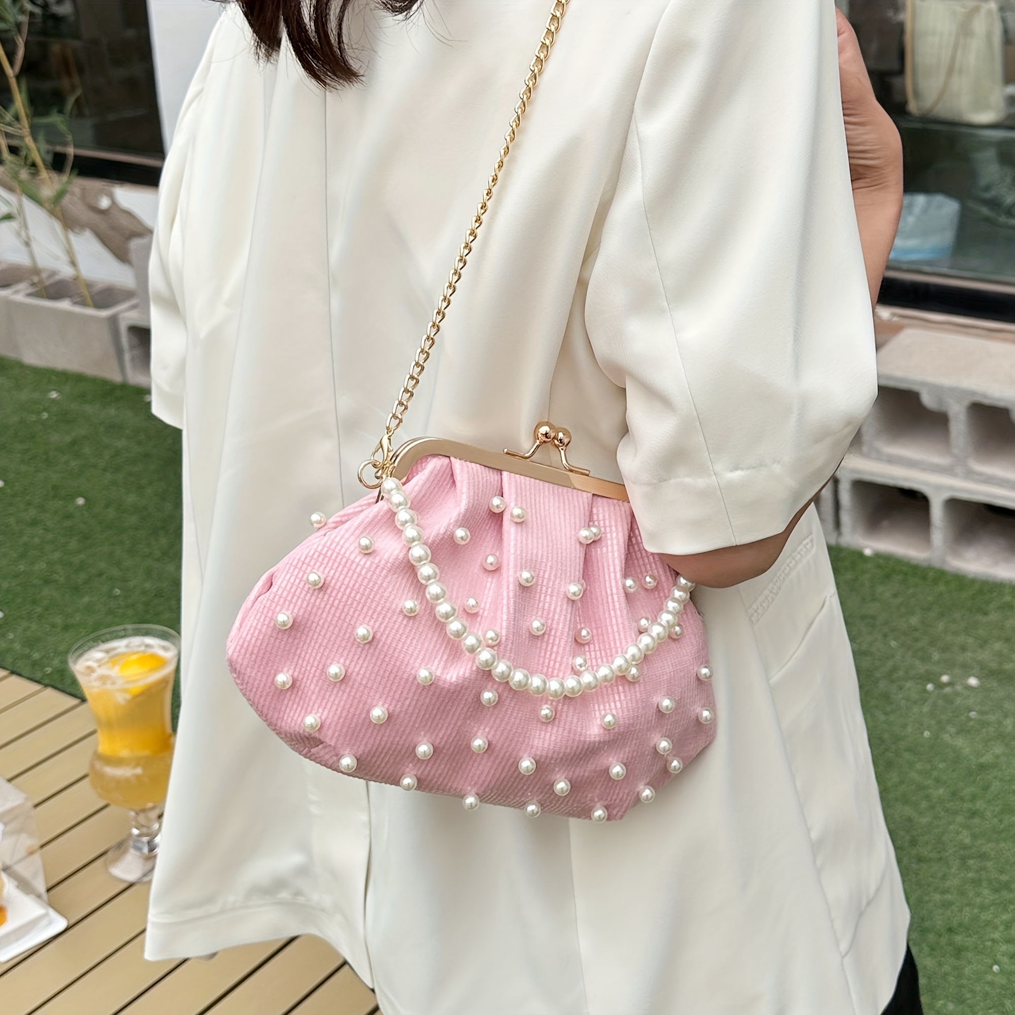 Faux Pearl Handle Versatile Handbag Stylish Kiss Lock Solid - Temu