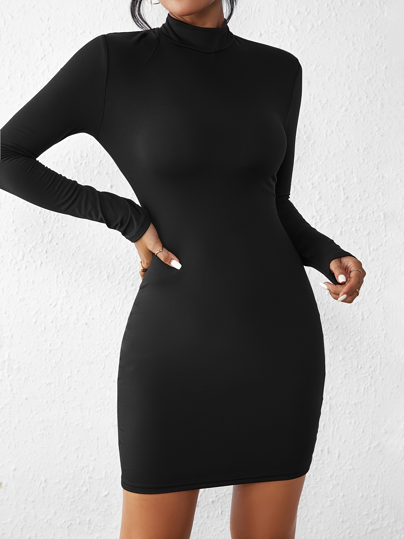 Solid Mock Neck Bodycon Dress, Elegant Long Sleeve Slim Dress For Spring &  Fall, Women's Clothing