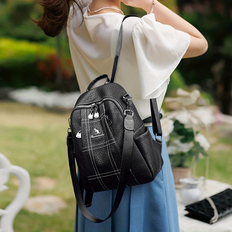 Stylish Womens Black Leather Rucksack Plain Black Backpack For