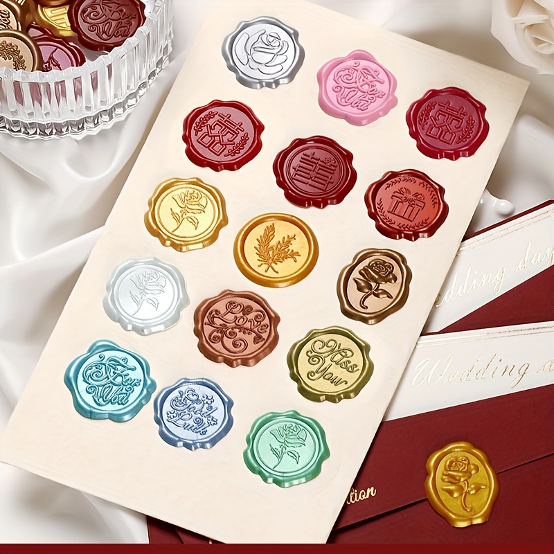 50pcs Adhesive Wax Seal Stickers with Love Wax Seal Stickers Wedding Invitation Envelope Seals Vintage Pre-Made Wax Stickers for Valentine's Day