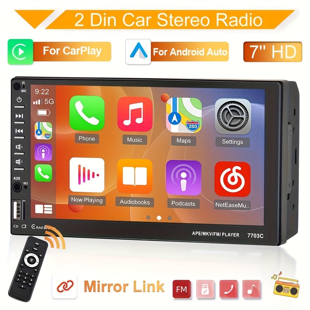 Estéreo de coche de un solo DIN con Carplay Android Auto de 7 pulgadas,  pantalla táctil retráctil HD para coche, reproductor MP5, soporte  Bluetooth