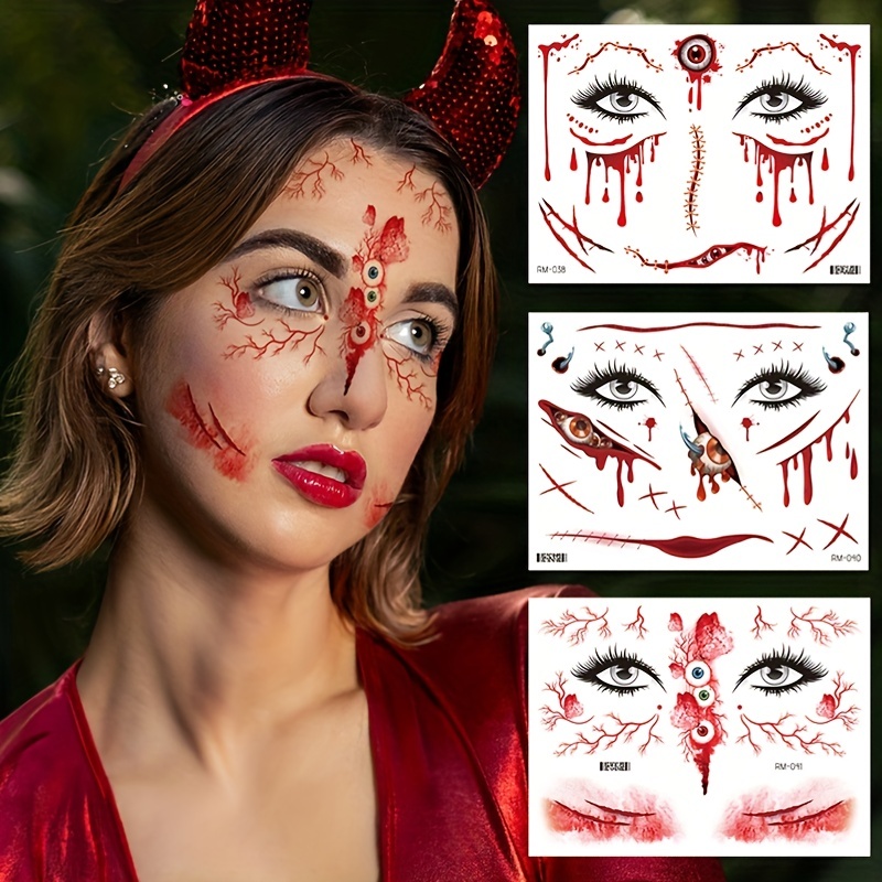 TsuperU Tatouage Halloween pour Visage Autocollant Maquillage Deguisement  Halloween Femme Cosplay Accessoire, Faux Tatouage Ephemere Gommettes